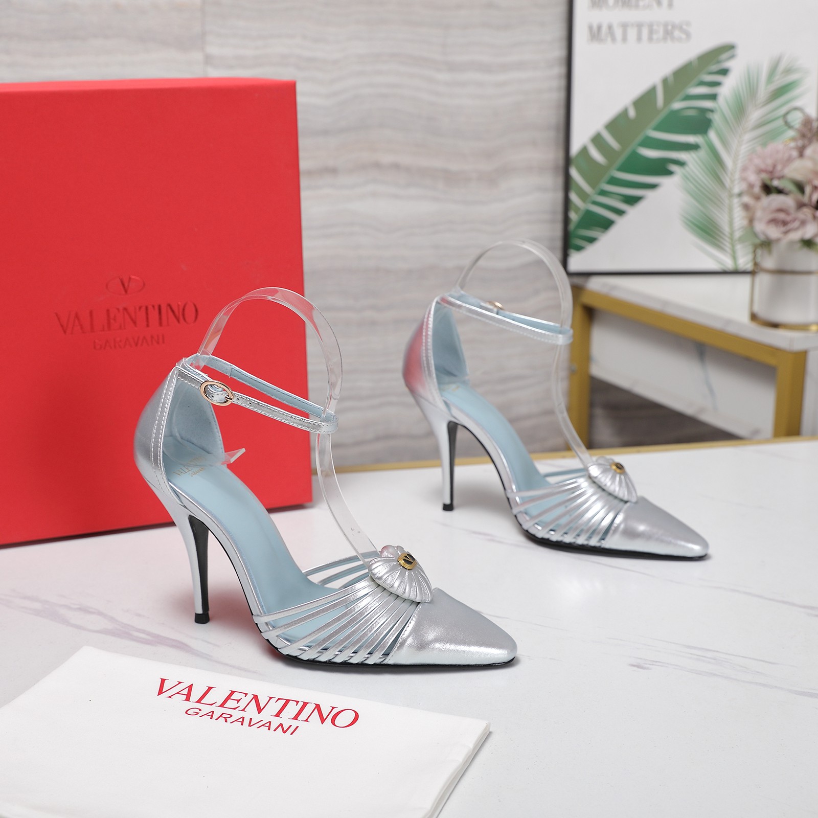 Valentino Silver Pleated Ankle Strap Pumps