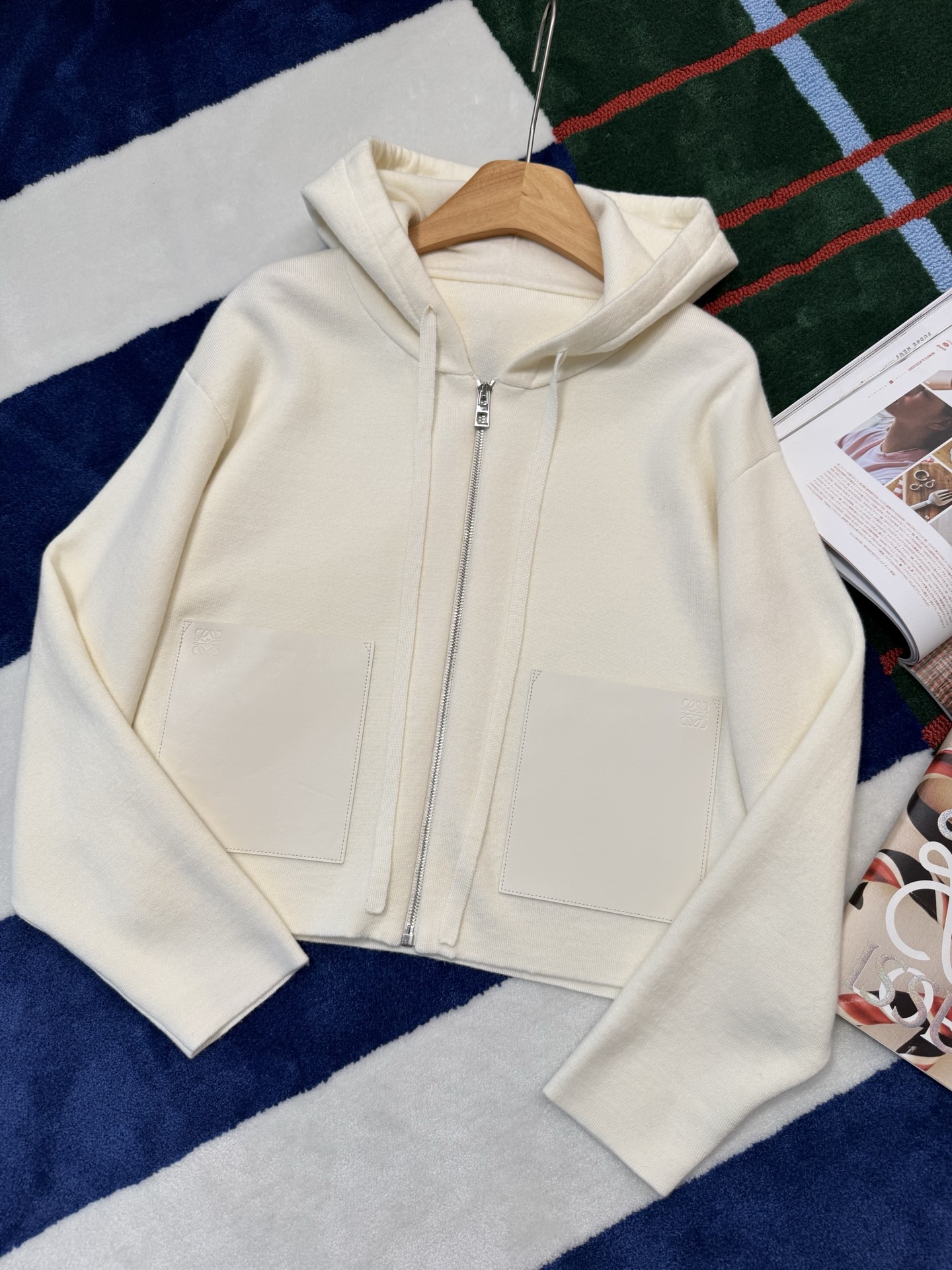 Hooded Knit Cardigan with Anagram Leather Pocket – Soft & Comfortable