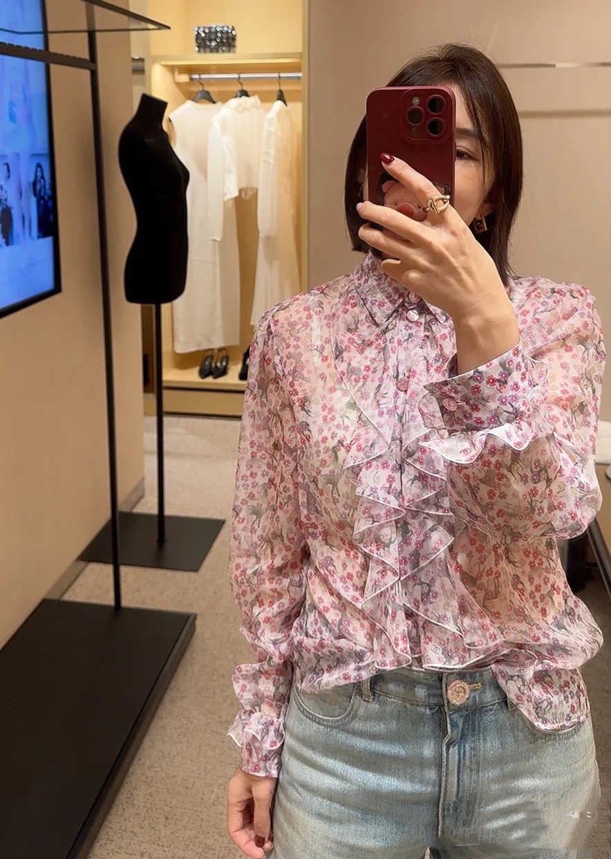 CC25 Women's Silk Floral Print Shirt with Ruffle Trim - Elegant & Luxurious 3 i1742983267 606 0
