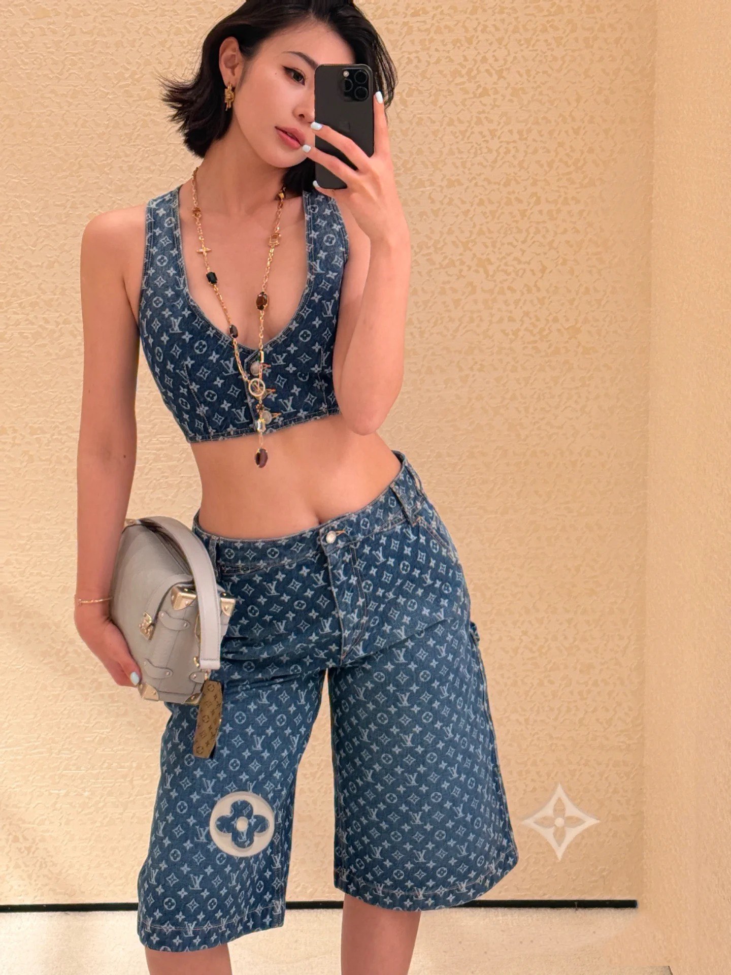 Louis Vuitton Denim Vest, Top & Shorts Set - Stylish Logo Print, New Collection 2 i1751286973 7722 2