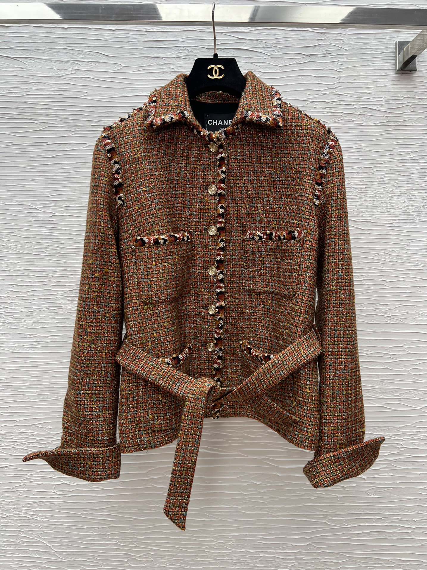 Elegant Coffee Brown Tweed Jacket with Beaded Trim - Chanel Style 6 i1754129720 2941 5