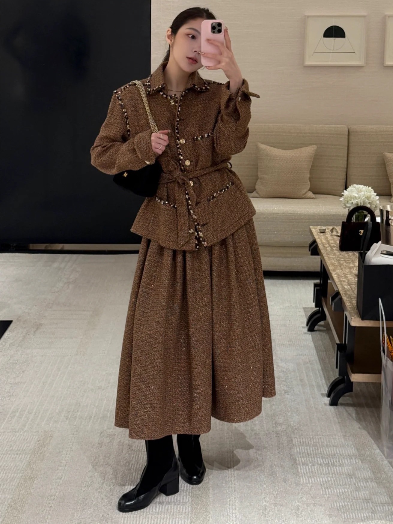 Elegant Coffee Brown Tweed Jacket with Beaded Trim - Chanel Style 2 i1754129720 4378 6