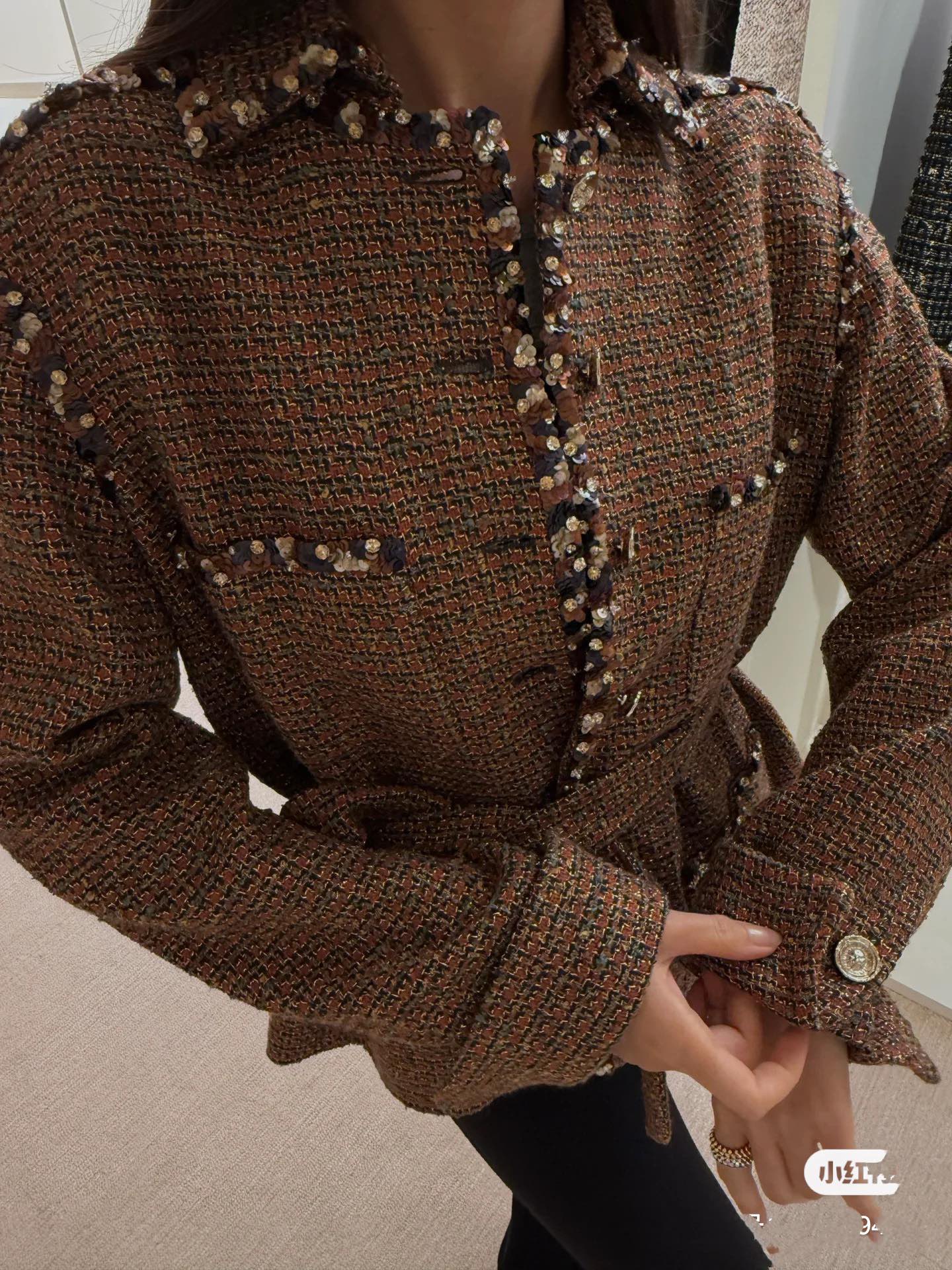 Elegant Coffee Brown Tweed Jacket with Beaded Trim - Chanel Style 3 i1754129720 4878 4