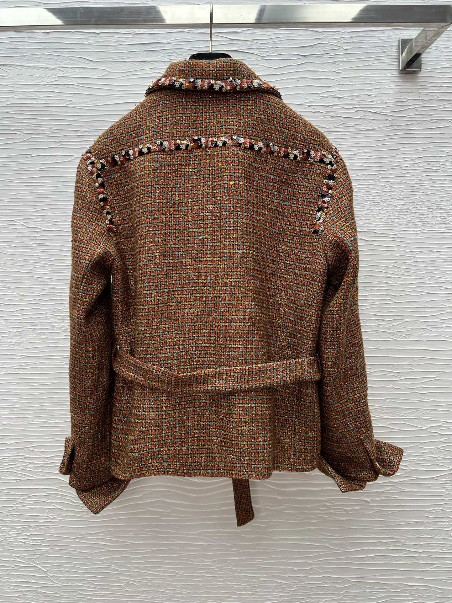 Elegant Coffee Brown Tweed Jacket with Beaded Trim - Chanel Style 7 i1754129720 6913 3