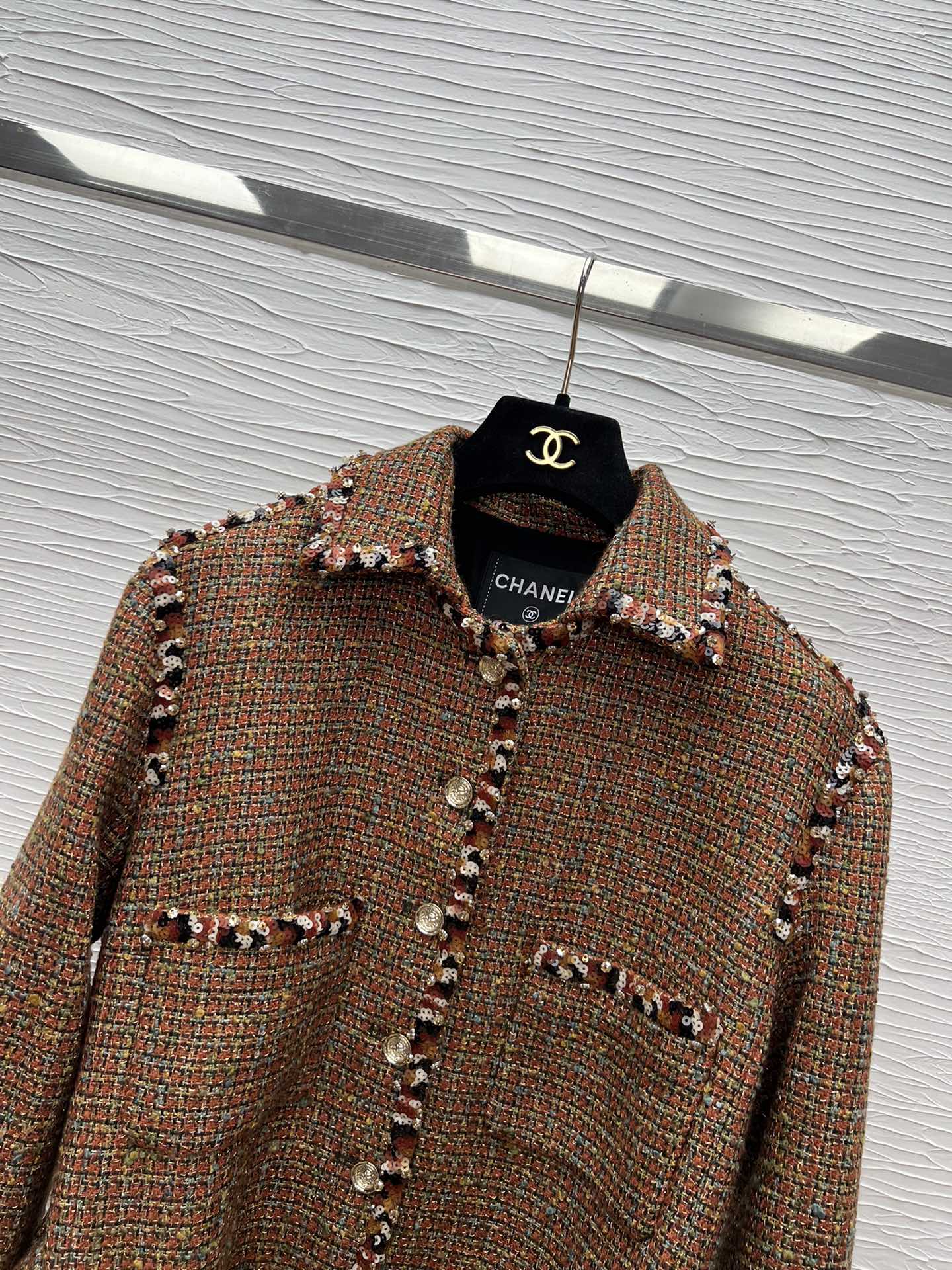 Elegant Coffee Brown Tweed Jacket with Beaded Trim - Chanel Style 8 i1754129720 9914 1
