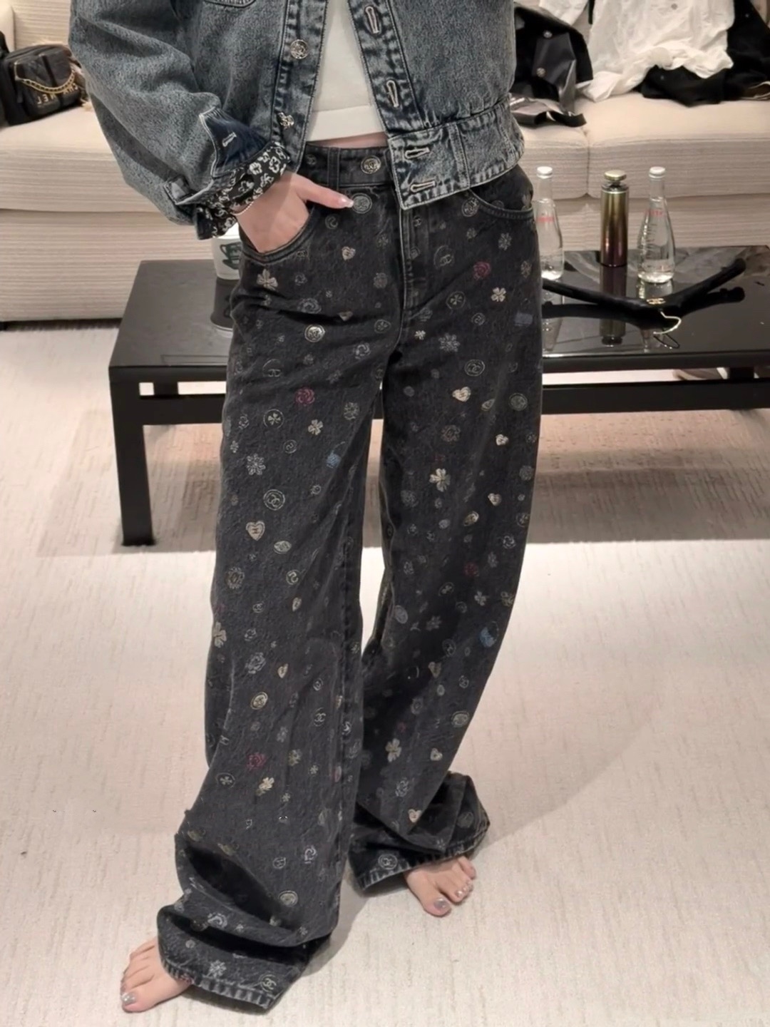 Chanel Inspired High-Waisted Wide Leg Jeans with Colorful Logo Print