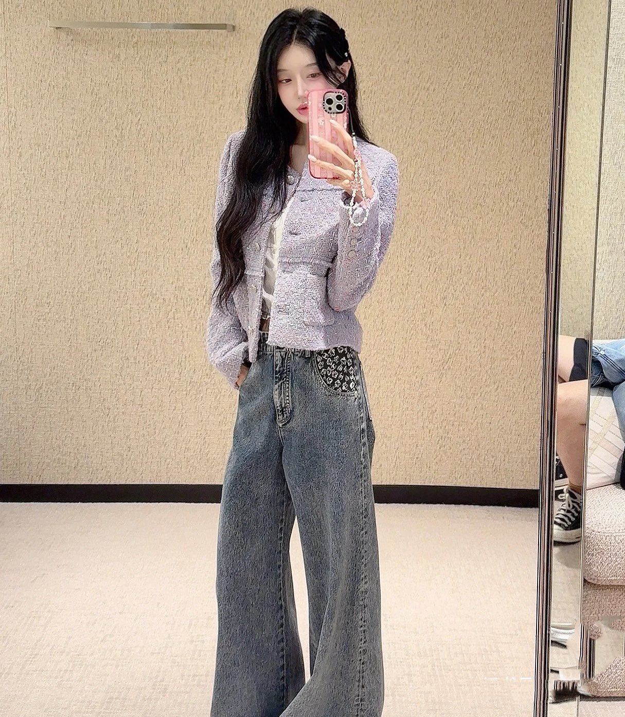 Floral Print Wide Leg Jeans - Comfortable Denim Cotton, Silver Buckle Detail 2 i1758277525 4646 7