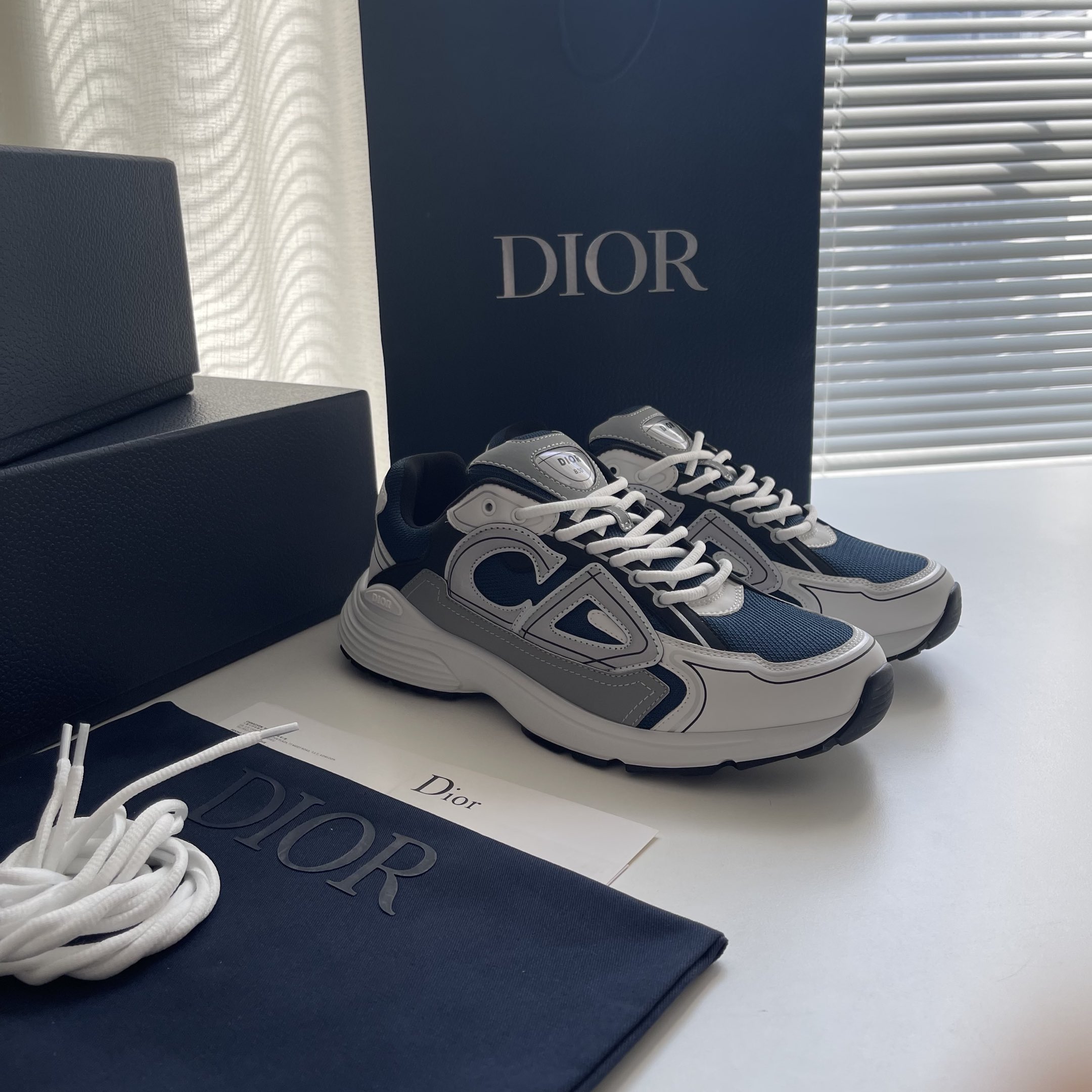 Dior Schuhe Turnschuhe Blau Dunkelblau Grau Silber Weiß Rindsleder Gewebe Kautschuk Fashion Lässig