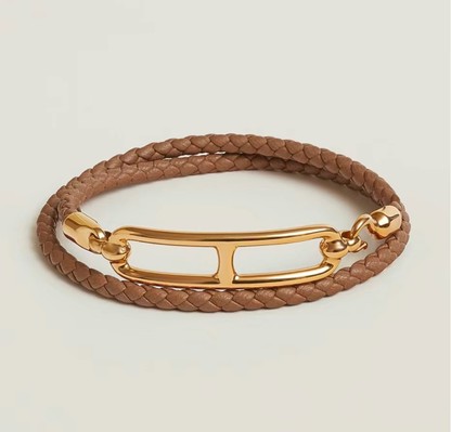 Hermes Jewelry Bracelet Brown Polishing Calfskin Cowhide Weave