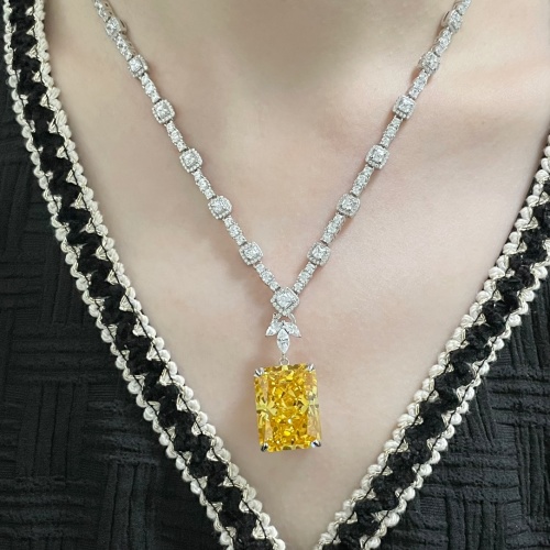Luxury Square Yellow Diamond Necklace, 925 Silver, Party Jewelry 1 Luxury Square Yellow Diamond Necklace, 925 Silver, Party Jewelry
