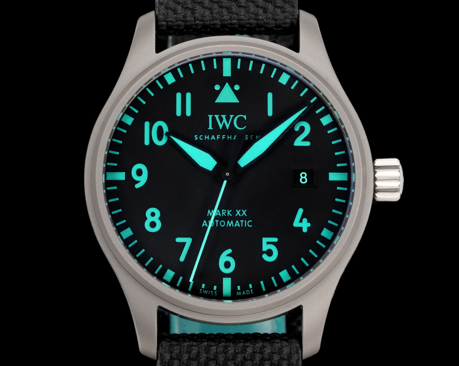 IWC Pilot's Watch Mark XX Mercedes-AMG PETRONAS Formula One Team silver case, black dial, black fabric strap with turquoise stitching 40mm Men's Automatic