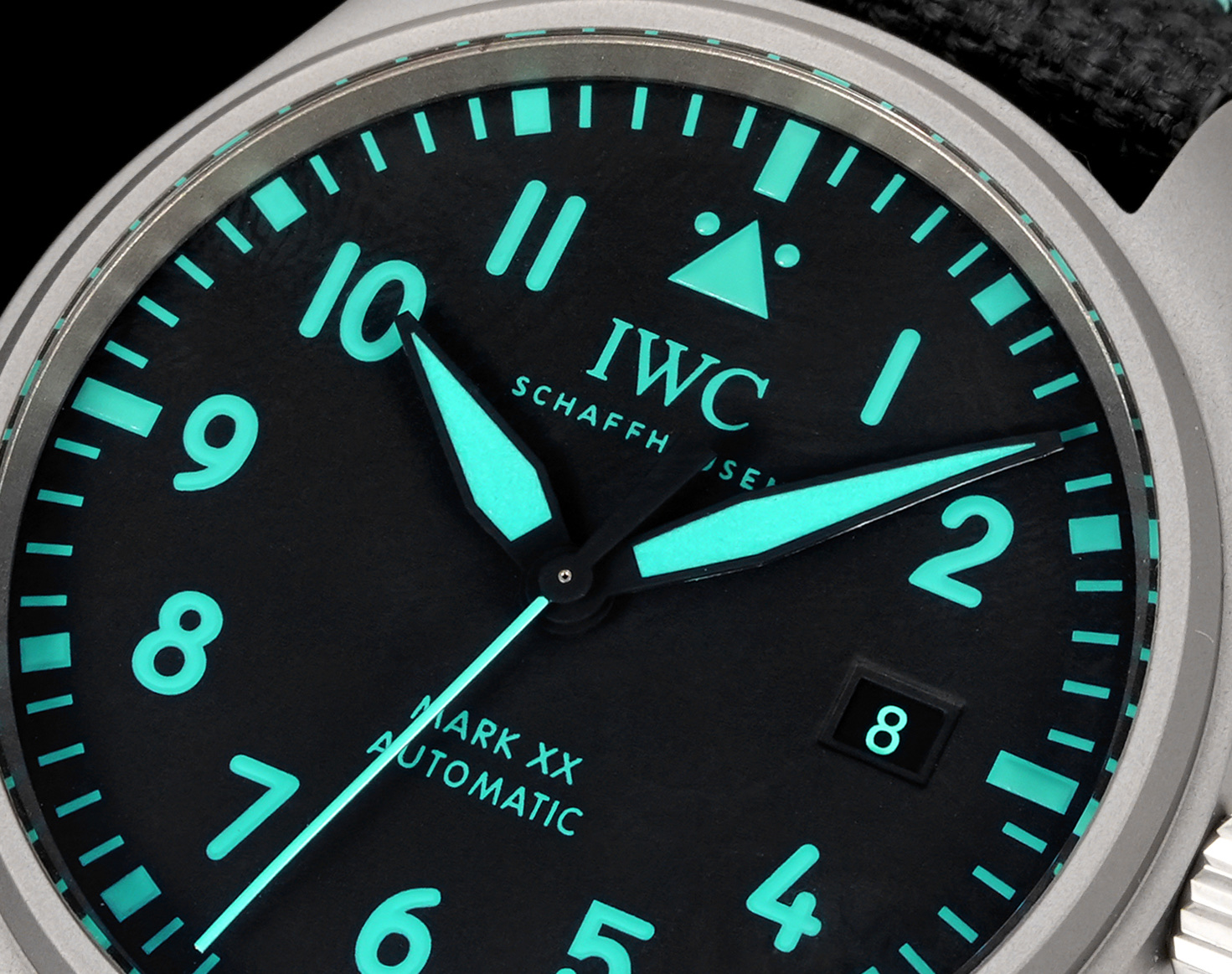 IWC Pilot's Watch Mark XX Mercedes-AMG PETRONAS Formula One Team silver case, black dial, black fabric strap with turquoise stitching 40mm Men's Automatic