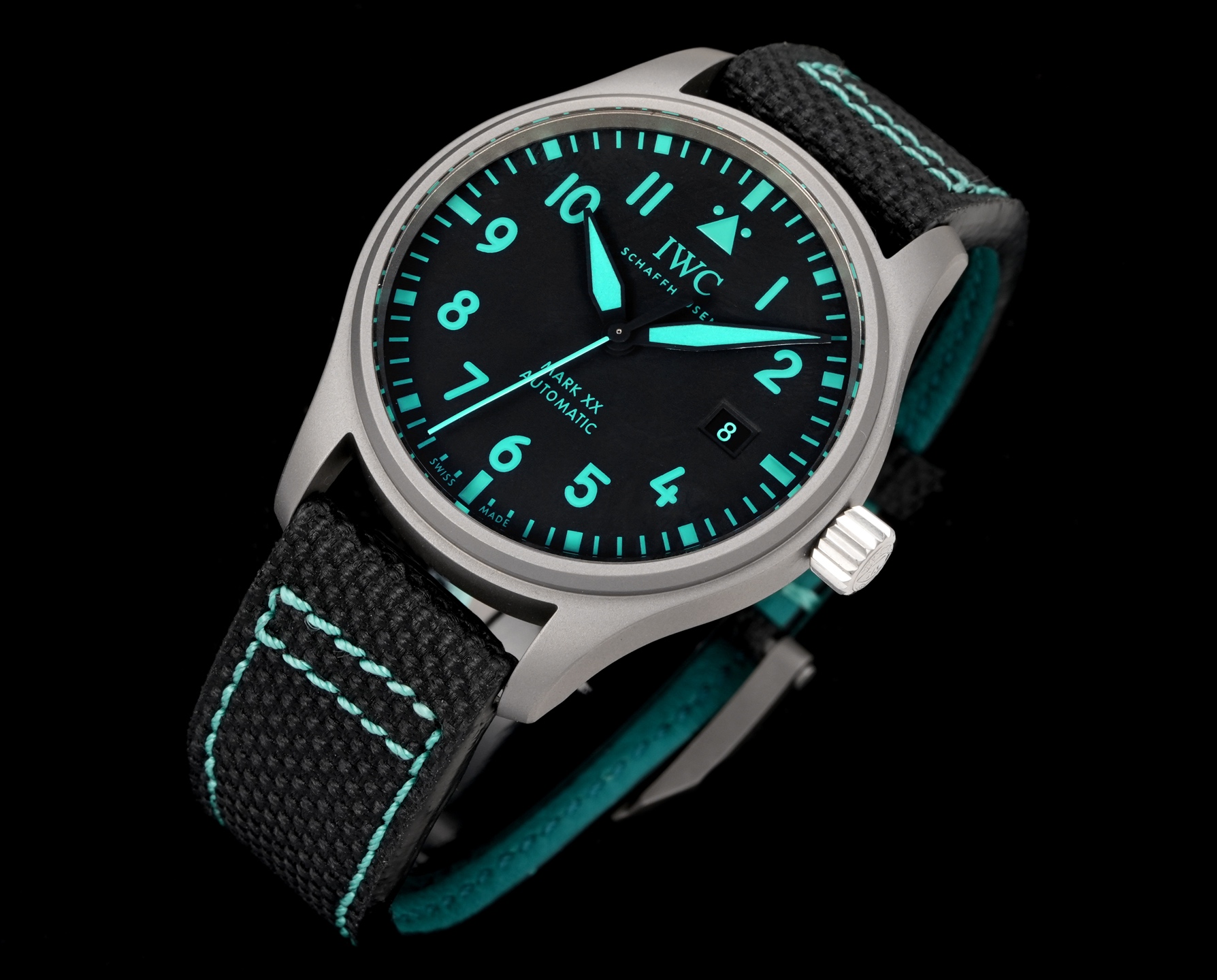 IWC Pilot's Watch Mark XX Mercedes-AMG PETRONAS Formula One Team silver case, black dial, black fabric strap with turquoise stitching 40mm Men's Automatic