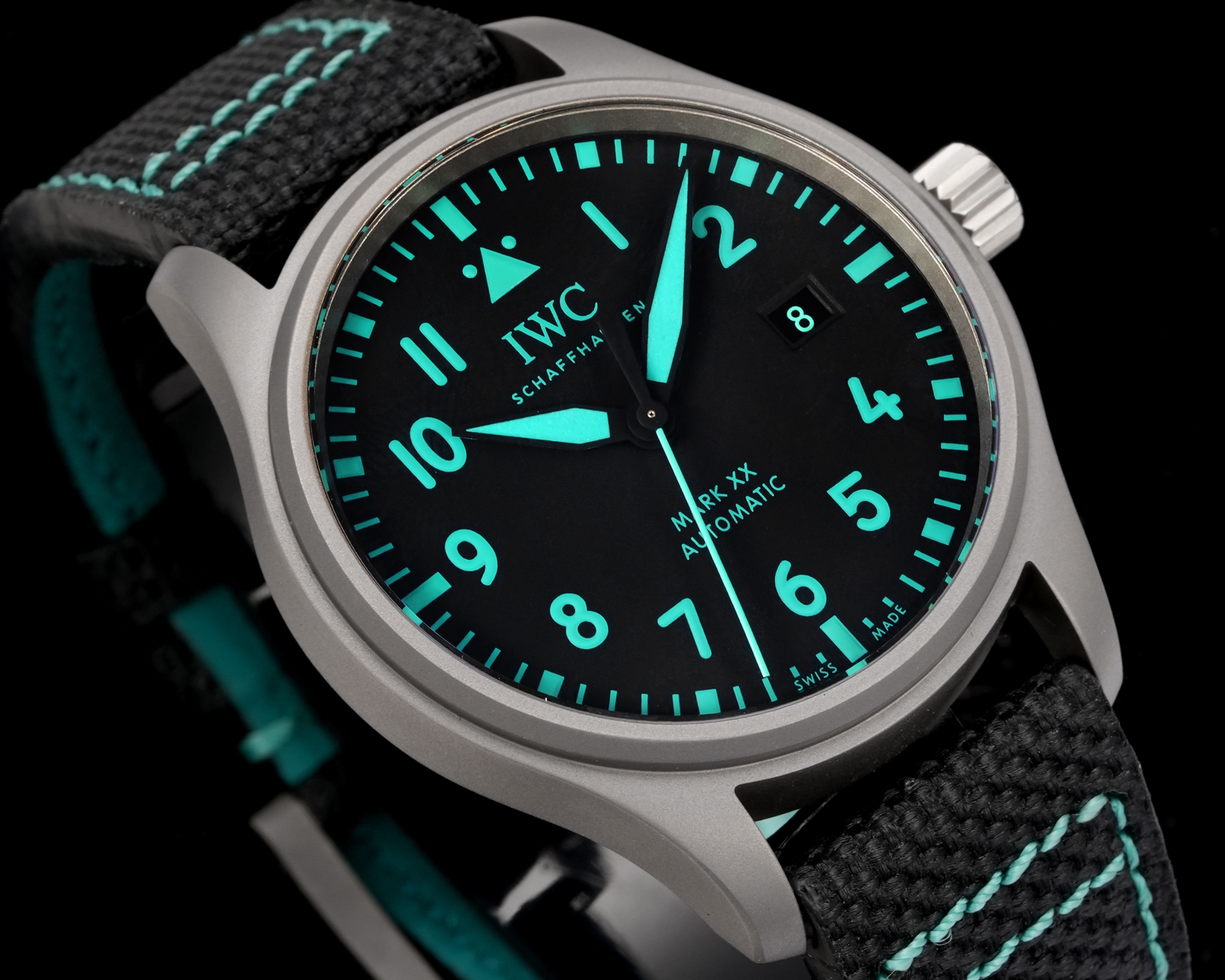 IWC Pilot's Watch Mark XX Mercedes-AMG PETRONAS Formula One Team silver case, black dial, black fabric strap with turquoise stitching 40mm Men's Automatic