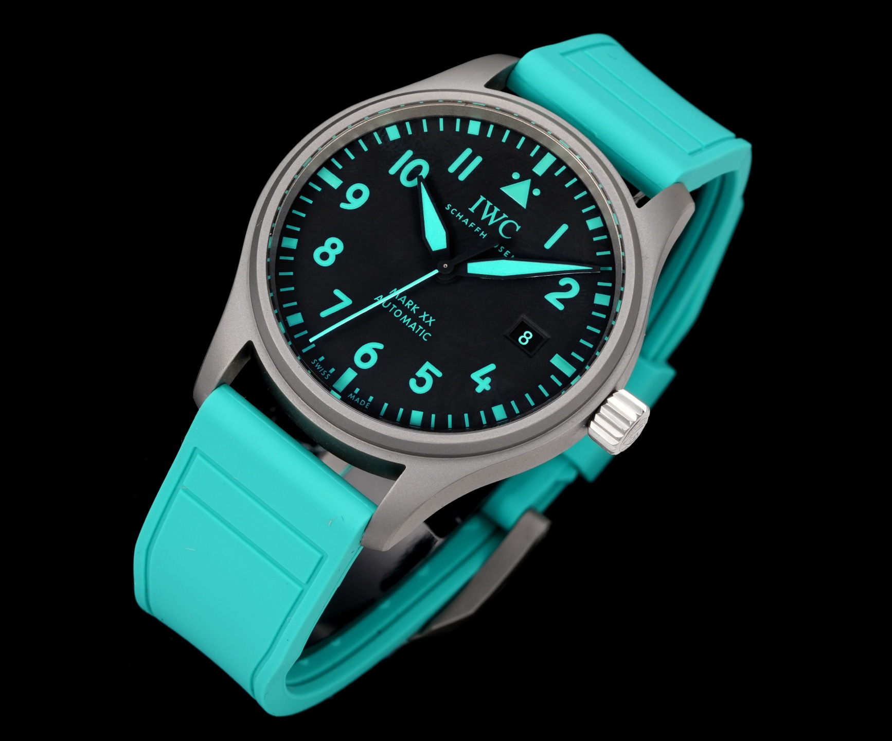 IWC Pilot's Watch Mark XX matte silver case, black dial, turquoise lume accents, turquoise rubber strap 40mm Men's Automatic