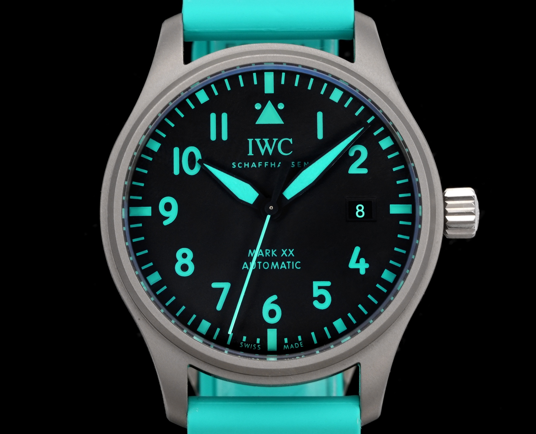 IWC Pilot's Watch Mark XX matte silver case, black dial, turquoise lume accents, turquoise rubber strap 40mm Men's Automatic