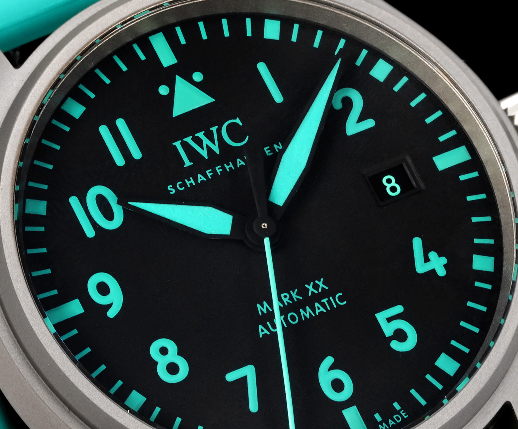 IWC Pilot's Watch Mark XX matte silver case, black dial, turquoise lume accents, turquoise rubber strap 40mm Men's Automatic