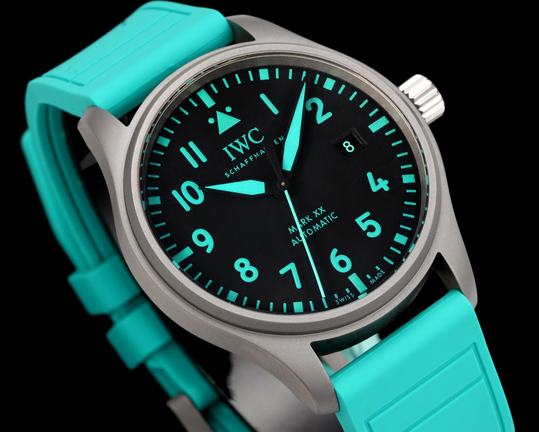 IWC Pilot's Watch Mark XX matte silver case, black dial, turquoise lume accents, turquoise rubber strap 40mm Men's Automatic