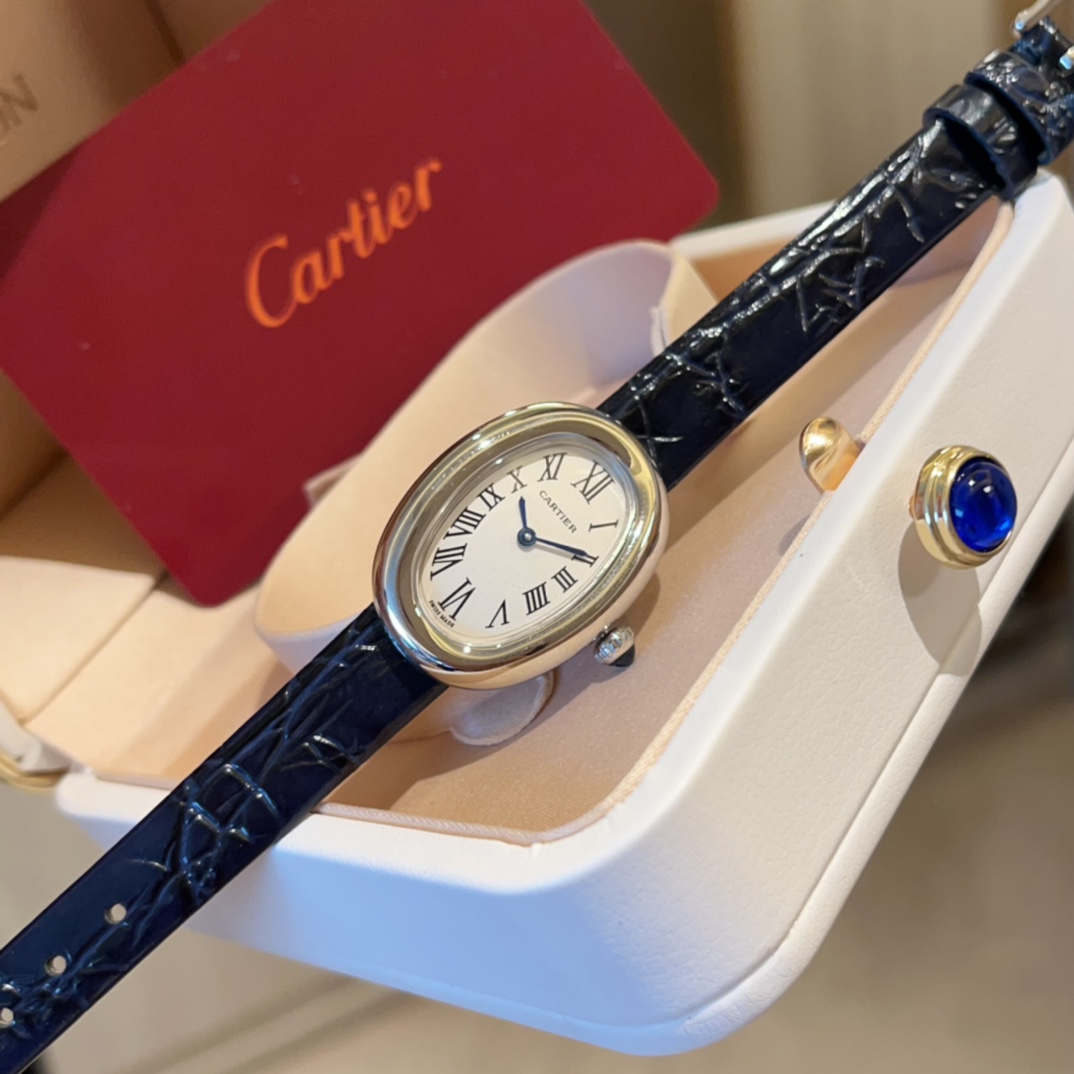 Cartier Baignoire Reloj Azul Incrustados con diamantes Piel de cocodrilo Quartz Movement