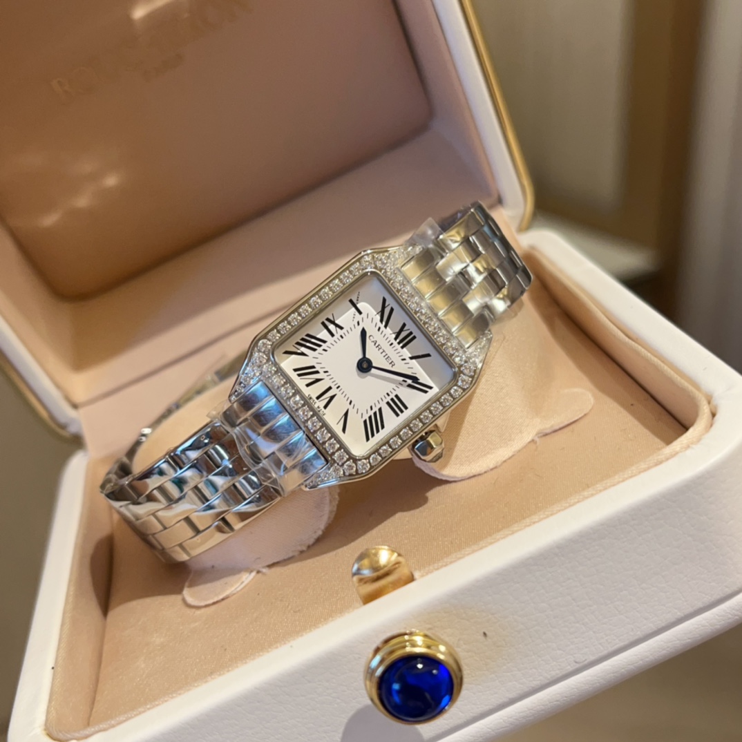 NO:394246,White steel, gold diamond 20 Santos-Cartier Santos ultra-thin series watch, female sex watch, 316L stainless steel case, gem tip bead handle, sun ray pattern matte effect, classic Roman numeral hour marker, paired with pearl shell surface, quenched steel blue pointer, crystal mirror effect, case size 24mm, cartier19860909白钢 金 钻20 Santos-卡地亚山度士超薄系列腕表,女性性表款,316L精钢表壳,宝石尖珠把头,阳光射线纹饰磨砂效果,经典罗马数字时标,搭配珍珠贝壳面 淬火处理钢蓝指针,幻化效果水晶镜面,.表壳尺寸24mm,,cartier,Watch