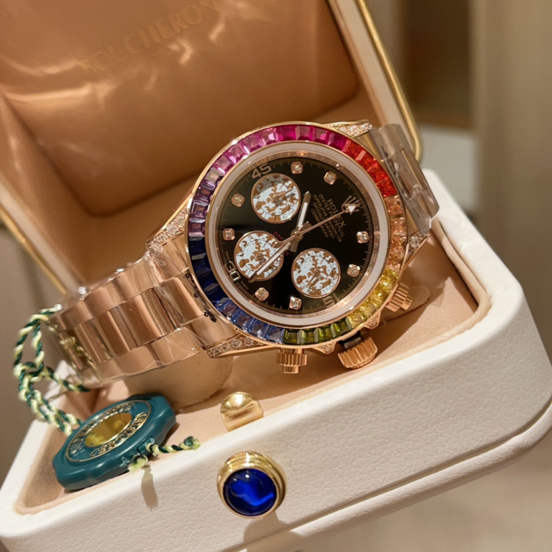Rainbow Rolex Dickstone Watch: Steel Shell, Hand-Laid Stones, Unisex Design, 40mm Size - 图片 4