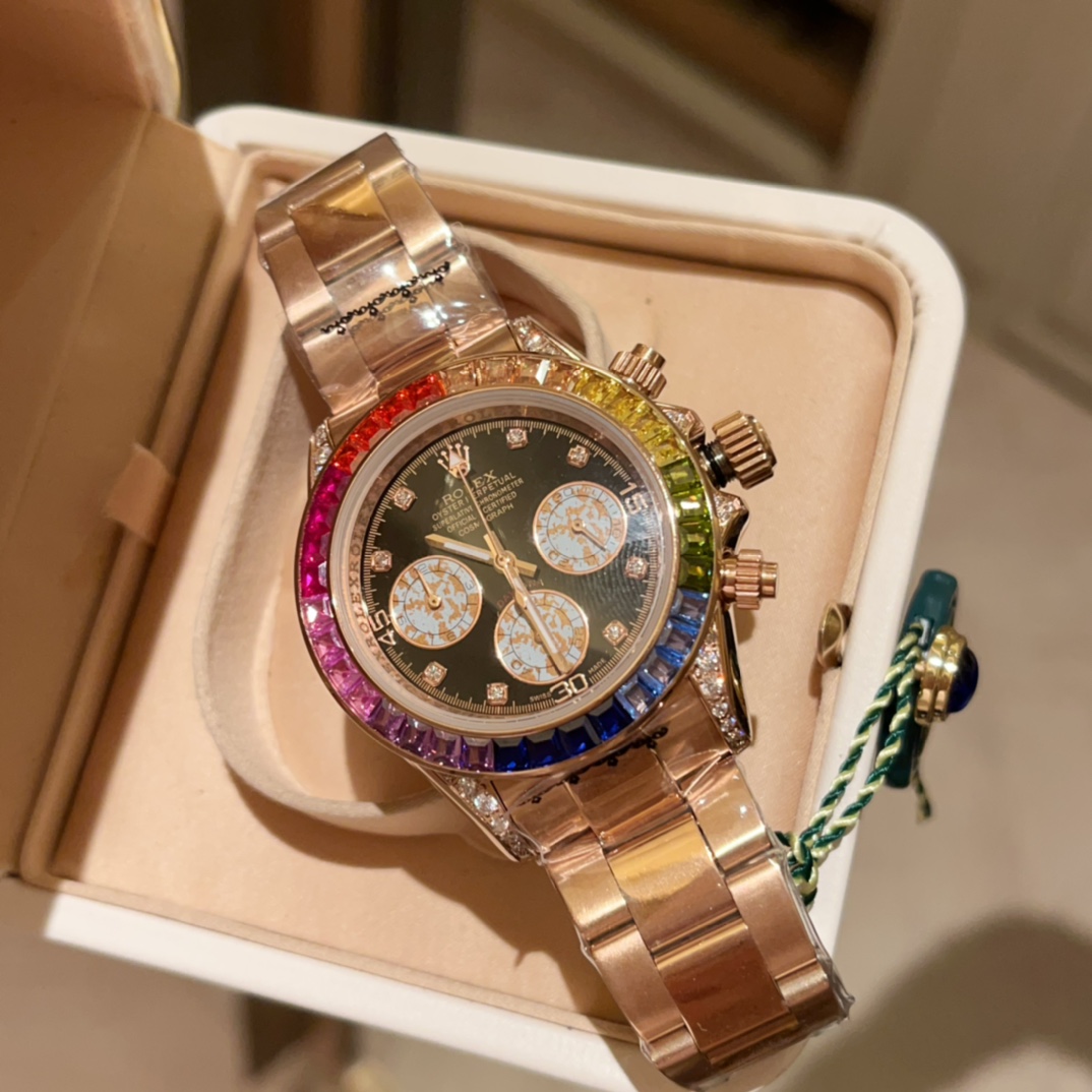 Rainbow Rolex Dickstone Watch: Steel Shell, Hand-Laid Stones, Unisex Design, 40mm Size - 图片 7