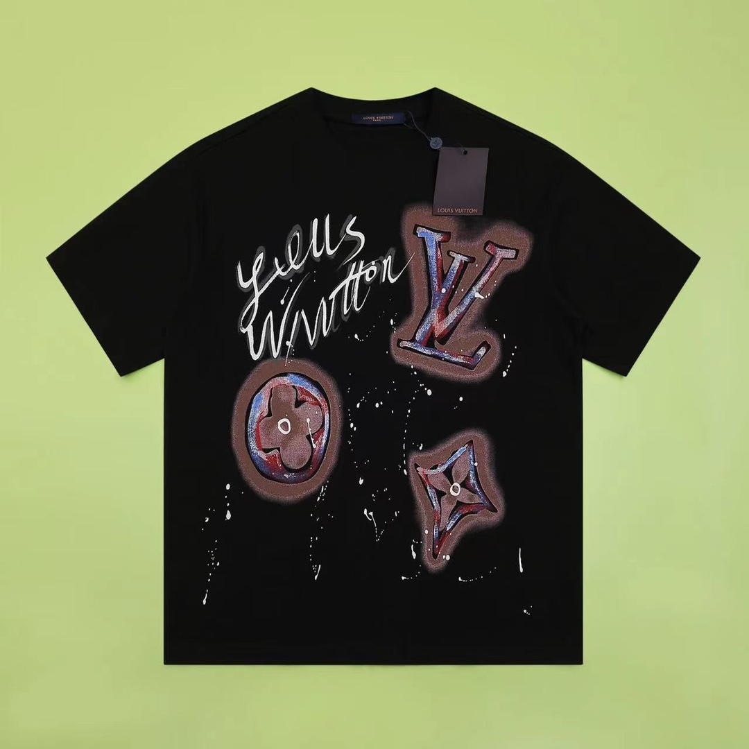 Louis Vuitton Clothing T-Shirt Black Doodle Printing Unisex Cotton Spring/Summer Collection Short Sleeve