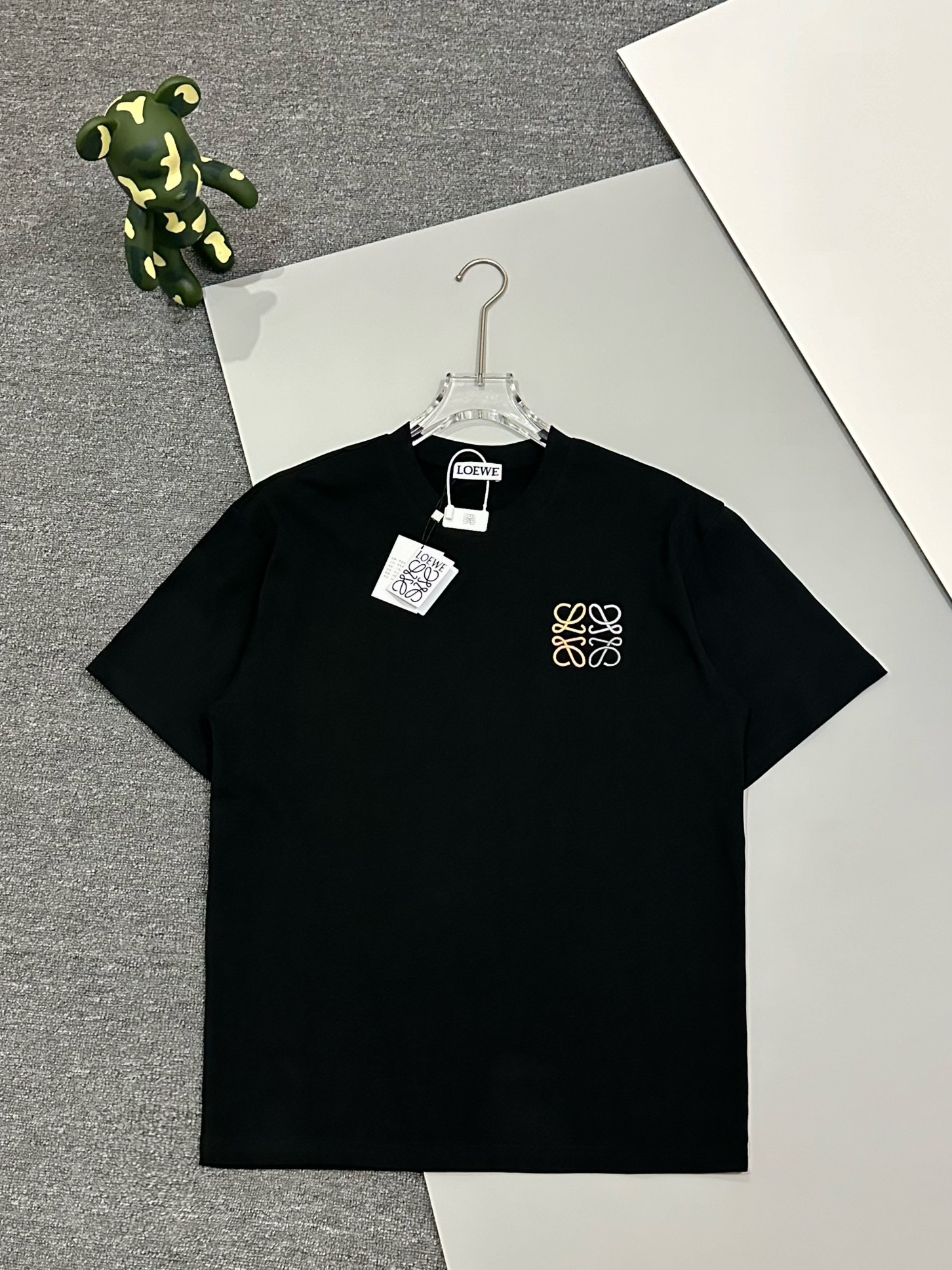 Loewe Clothing T-Shirt Black White Embroidery Unisex Cotton Double Yarn Short Sleeve
