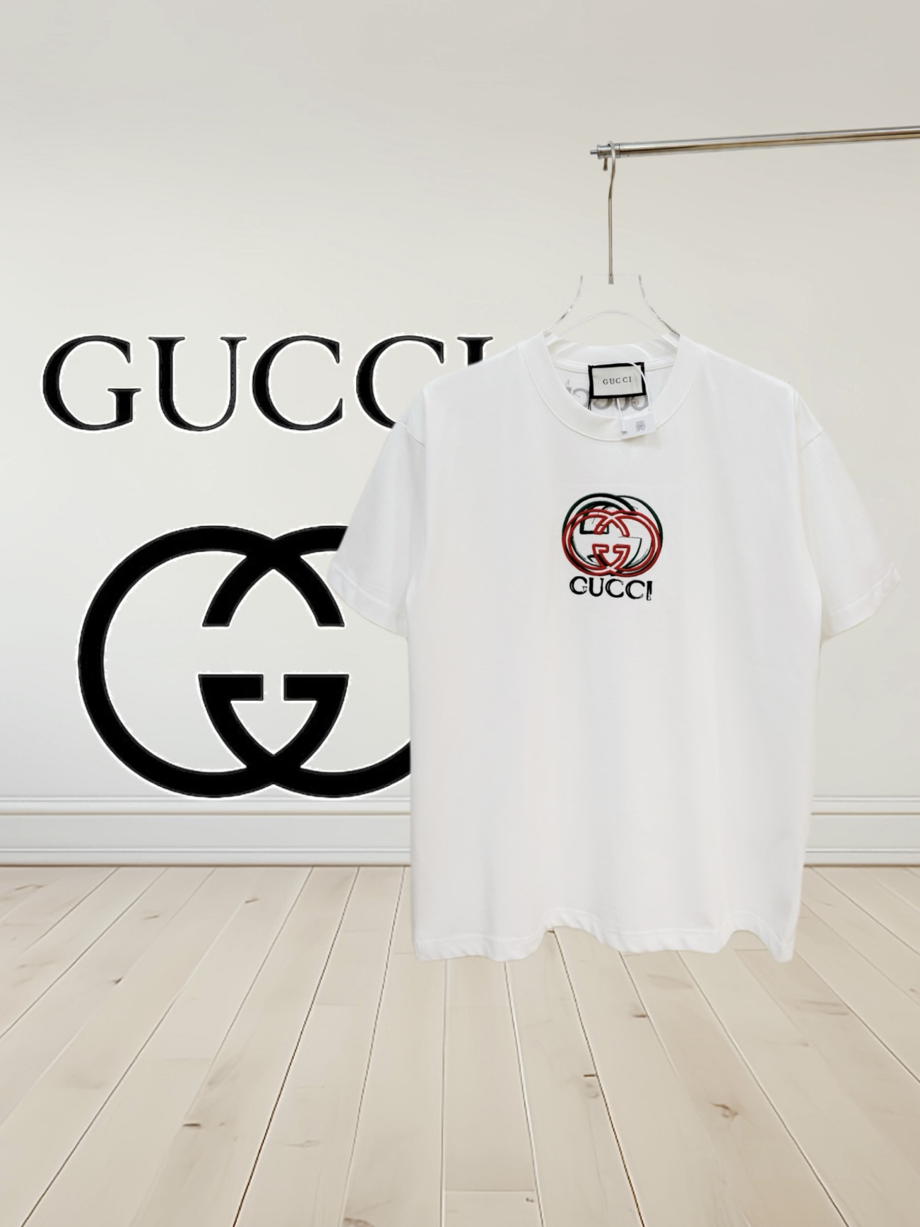 [Alta gama] Gucci camiseta de cuello redondo de manga corta con bordado en la parte delantera y trasera, tela de 280 gr…
