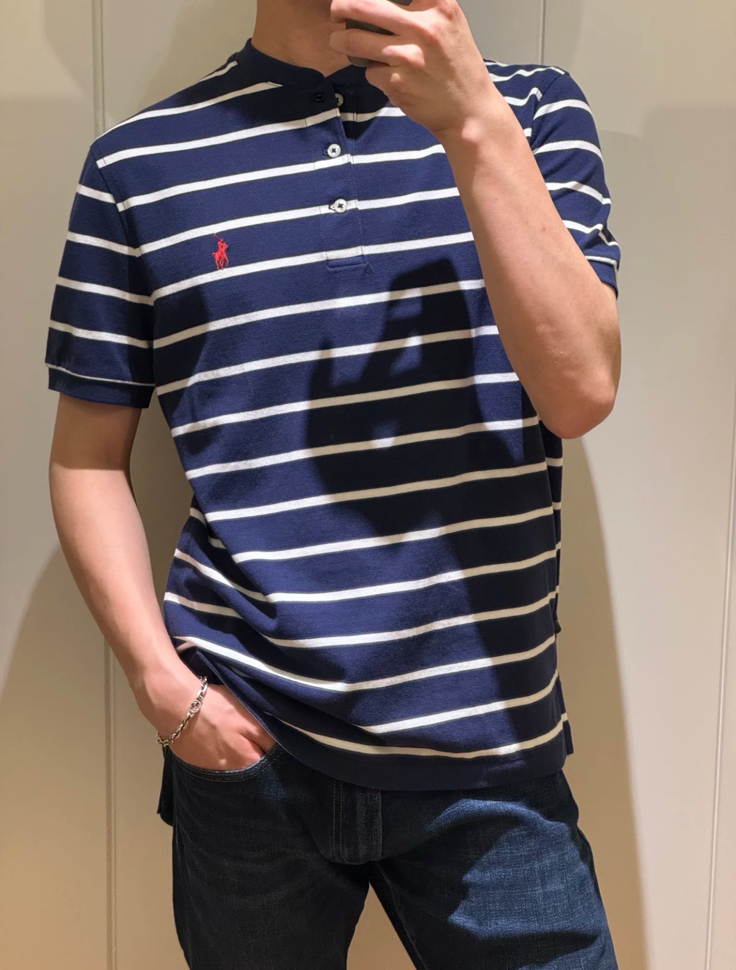 资讯图藏青白条纹#R72 Ralph Lauren拉夫劳伦亨利领四色 立领开胸短袖T恤衫