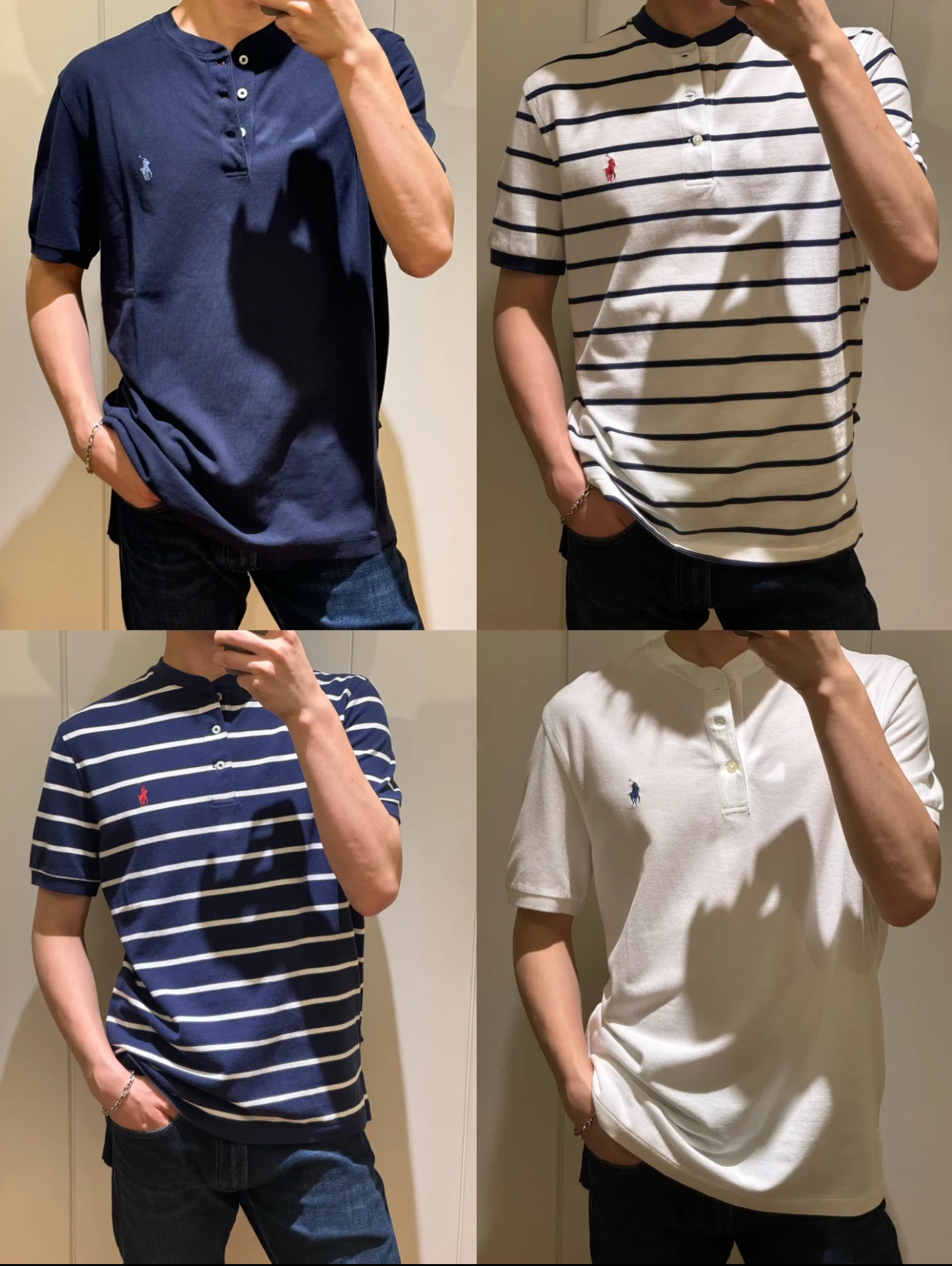 #R72 Ralph Lauren拉夫劳伦亨利领四色 立领开胸短袖T恤衫 面料100%珠地棉,胸口进口刺绣logo 定制螺纹领,经典刺绣,最高版本,商务休闲日常全部驾驭! 🌘3粒扣开襟,激光logo珠光树脂扣,袖口以及下摆采用双线缝制工艺,区别通货版本 颜色:白色 藏青色 白色黑条纹 藏青白条纹 衣长 胸围:102/108/116/124 肩宽 推荐体重:100-120/120-140/140-160/160-180斤