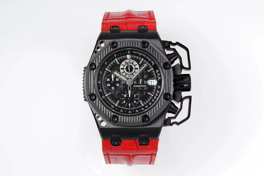 NO:586346,The pinnacle work of the IP factory, the most passionate Audemars Piguet 'Survivor' 26165IO Royal Oak Offshore Survivor Limited Edition, limited to 1,000 pieces worldwide, was sold out immediately after it was launched. Automatic winding chronograph movement, with date display and small seconds at 12 o'clock. The black matte dial has Audemars Piguet's exclusive 'Méga'  Tapisserie' super large plaid decoration. The black titanium alloy 'impregnable' case is equipped with an anti-magnetic protection device. The tapered buttons, hollow button protection bolts, crown and links connecting the straps are all made of black titanium alloy. 42mm diameter, hollow ceramic bezel, known as 'war survivors' or 'hairy crabs' in the world. Buy now and get a pair of valuable red straps!  ,,audemars19860909IP厂巅峰之作 最热血爱彼“幸存者”26165IO皇家橡树离岸型Survivor限量版,全球限量1000只,上市就被秒杀抢购一空.自动上链计时机芯,搭配日期显示和12点钟位置小秒针.黑色雾面表盘具有爱彼独家“Méga Tapisserie”超大型格纹装饰.黑色钛合金「固若金汤」表壳附有防磁保护装置,锥形按钮、中空的按钮保护栓、表冠及连结表带的炼节皆以黑色钛合金制作.42mm表径,镂空陶瓷表圈,江湖人称“战争幸存者”或“大闸蟹” 现购买均赠送价值红色表带一副！,,audemars,Watch