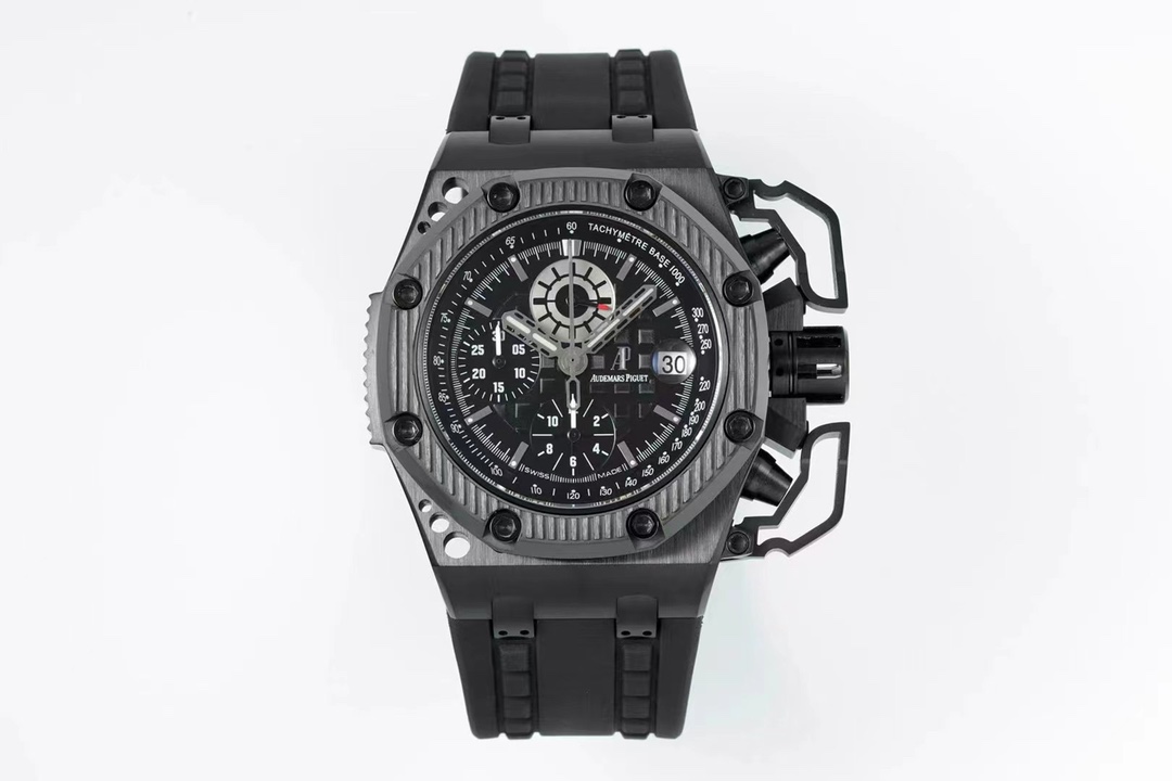 NO:586364,The pinnacle work of the IP factory, the most passionate Audemars Piguet 'Survivor' 26165IO Royal Oak Offshore Survivor Limited Edition, limited to 1,000 pieces worldwide, was sold out immediately after it was launched. Automatic winding chronograph movement, with date display and small seconds at 12 o'clock. The black matte dial has Audemars Piguet's exclusive 'Méga'  Tapisserie' super large plaid decoration. The black titanium alloy 'impregnable' case is equipped with an anti-magnetic protection device. The tapered buttons, hollow button protection bolts, crown and links connecting the straps are all made of black titanium alloy. 42mm diameter, hollow ceramic bezel, known as 'war survivors' or 'hairy crabs' in the world. Buy now and get a pair of valuable red straps!  ,,audemars19860909IP厂巅峰之作 最热血爱彼“幸存者”26165IO皇家橡树离岸型Survivor限量版,全球限量1000只,上市就被秒杀抢购一空.自动上链计时机芯,搭配日期显示和12点钟位置小秒针.黑色雾面表盘具有爱彼独家“Méga Tapisserie”超大型格纹装饰.黑色钛合金「固若金汤」表壳附有防磁保护装置,锥形按钮、中空的按钮保护栓、表冠及连结表带的炼节皆以黑色钛合金制作.42mm表径,镂空陶瓷表圈,江湖人称“战争幸存者”或“大闸蟹” 现购买均赠送价值红色表带一副！,,audemars,Watch
