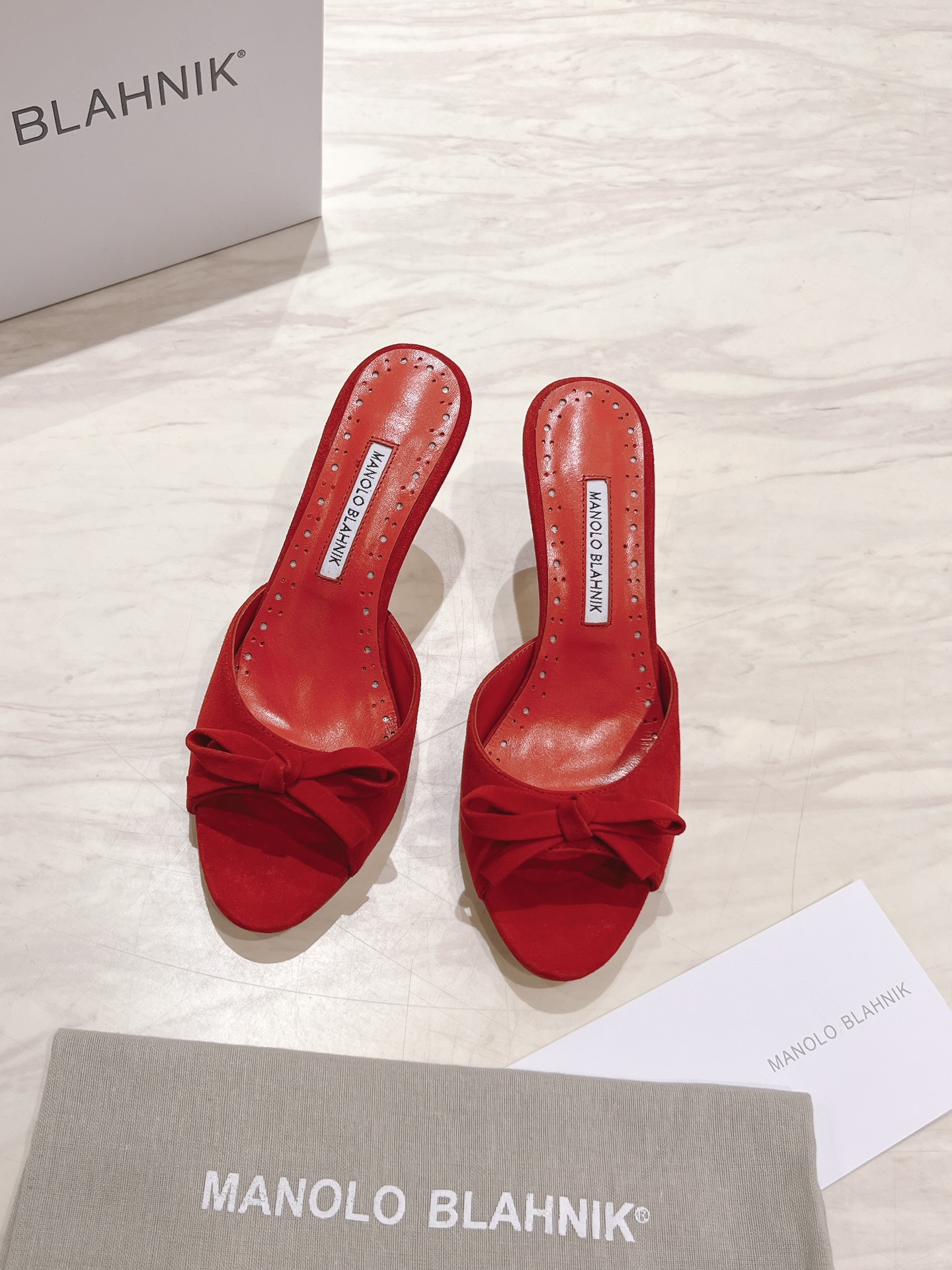 Manolo Blahnik Red Suede Mules with Bow Detail - Heel Height 7.5cm 4 i1713170595 1978 0