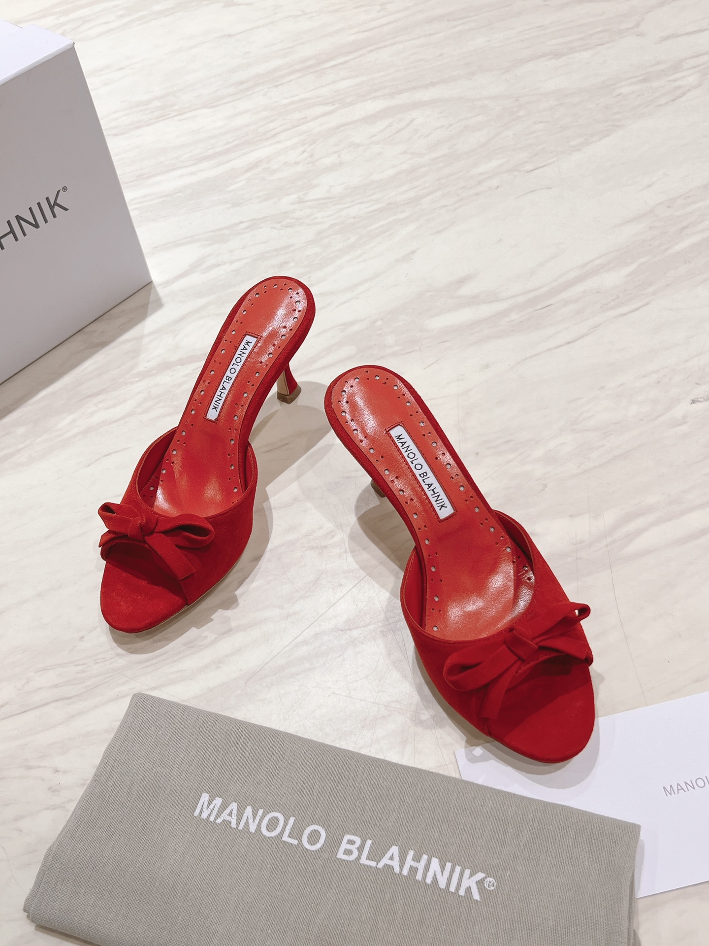Manolo Blahnik Red Suede Mules with Bow Detail - Heel Height 7.5cm 3 i1713170595 4930 0