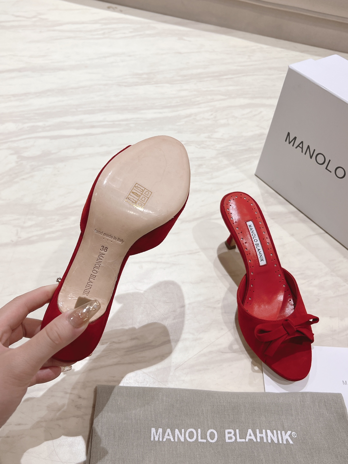 Manolo Blahnik Red Suede Mules with Bow Detail - Heel Height 7.5cm 5 i1713170597 1207 0