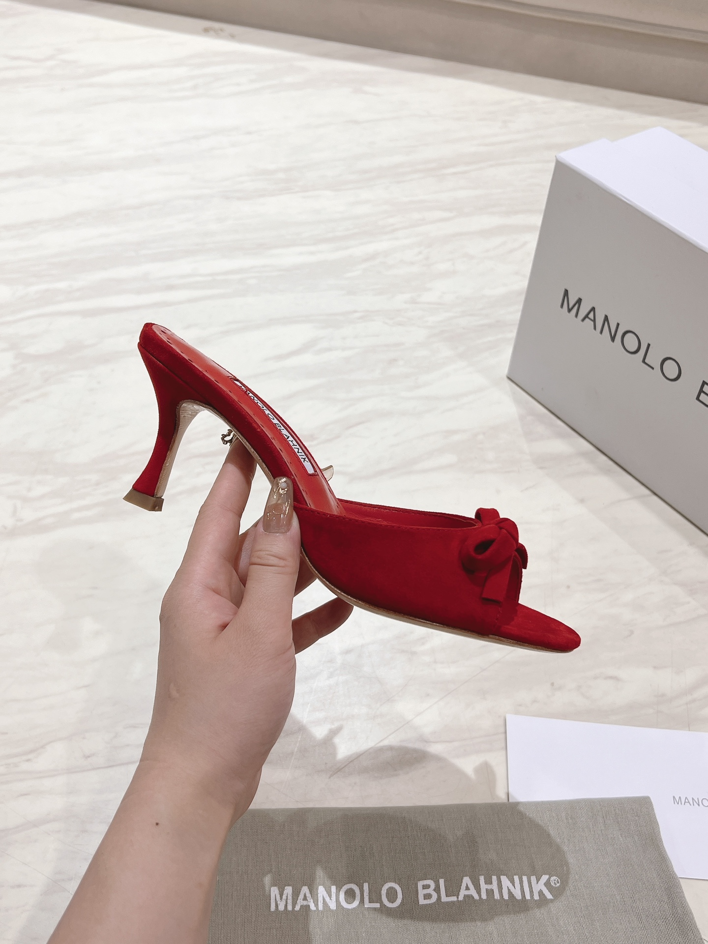 Manolo Blahnik Red Suede Mules with Bow Detail - Heel Height 7.5cm 8 i1713170597 2548 0