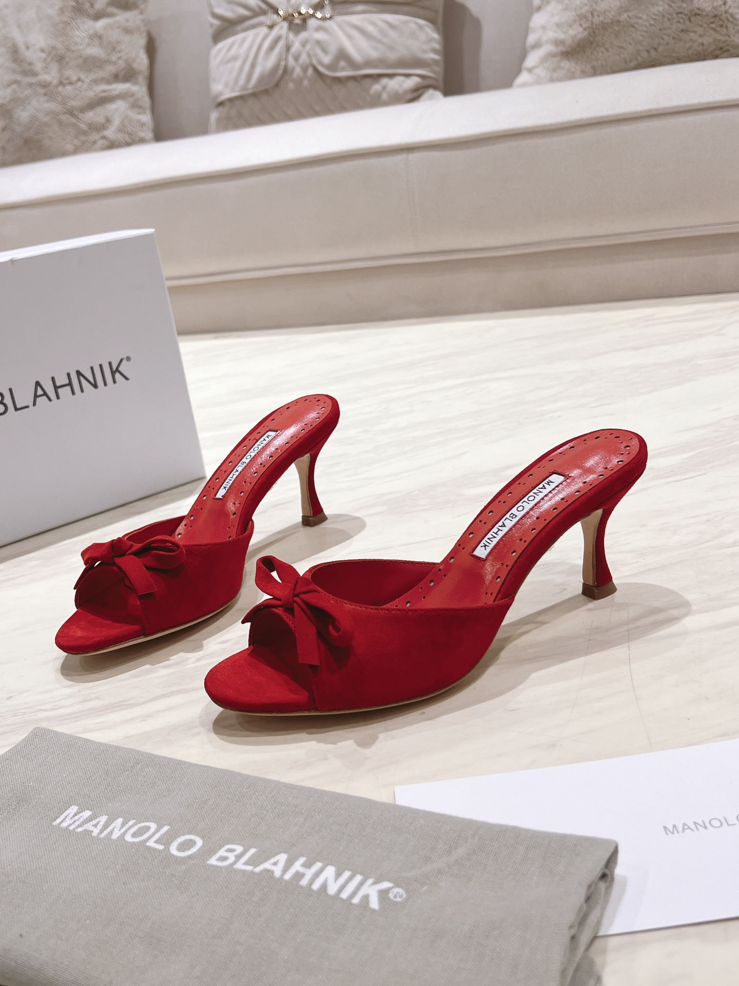 Manolo Blahnik Red Suede Mules with Bow Detail - Heel Height 7.5cm 10 i1713170597 3123 0
