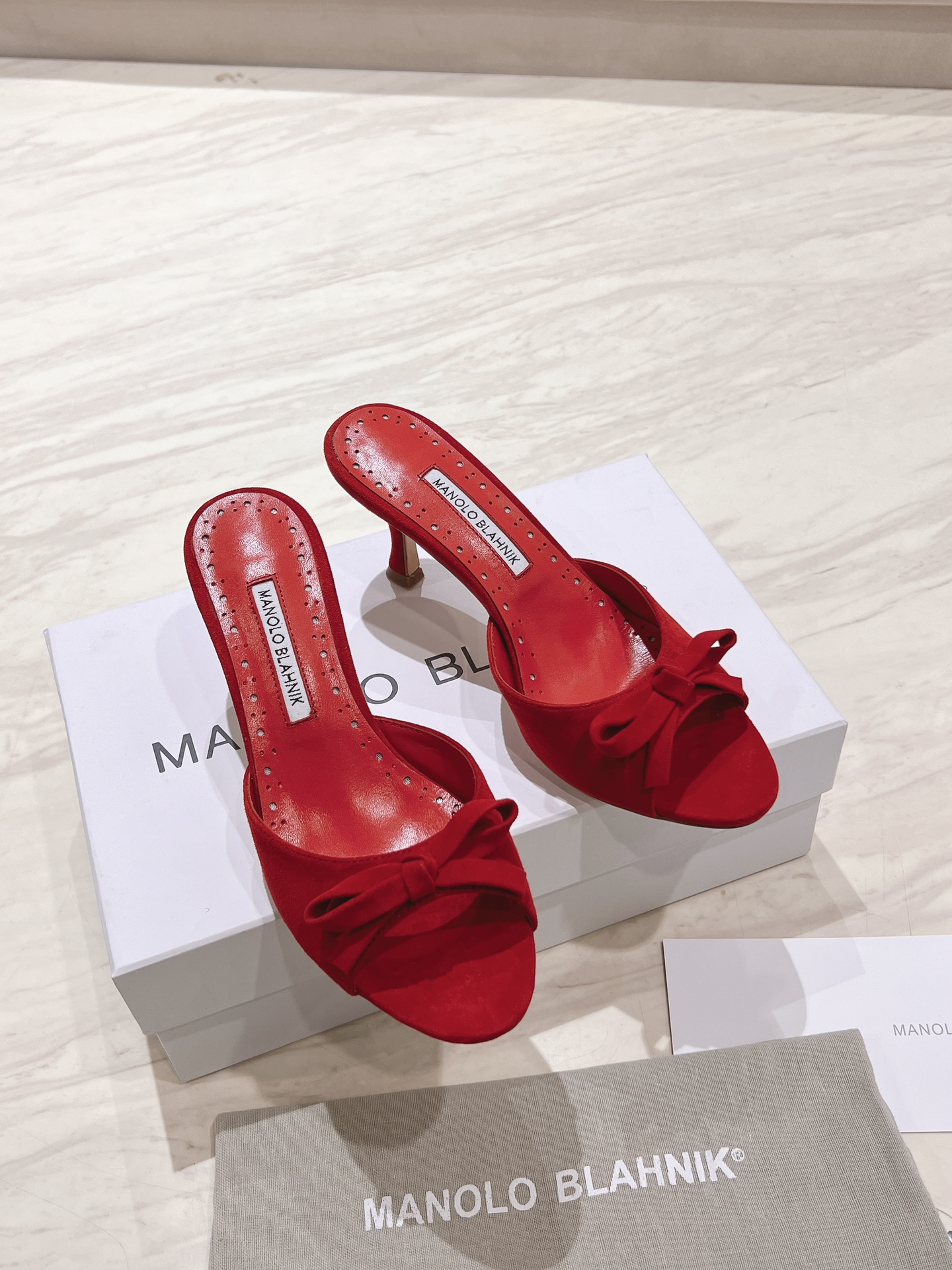 Manolo Blahnik Red Suede Mules with Bow Detail - Heel Height 7.5cm 1 Manolo Blahnik Red Suede Mules with Bow Detail - Heel Height 7.5cm