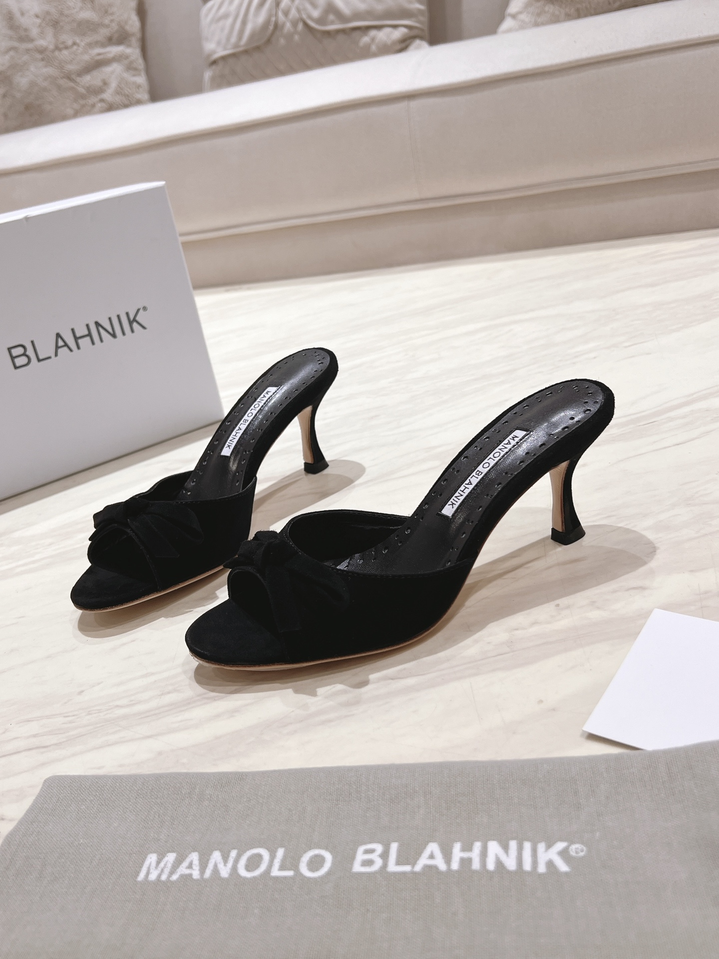 Manolo Blahnik Black Suede Mules with Bow Detail - 7.5cm Heel Height 9 i1713170698 946 0