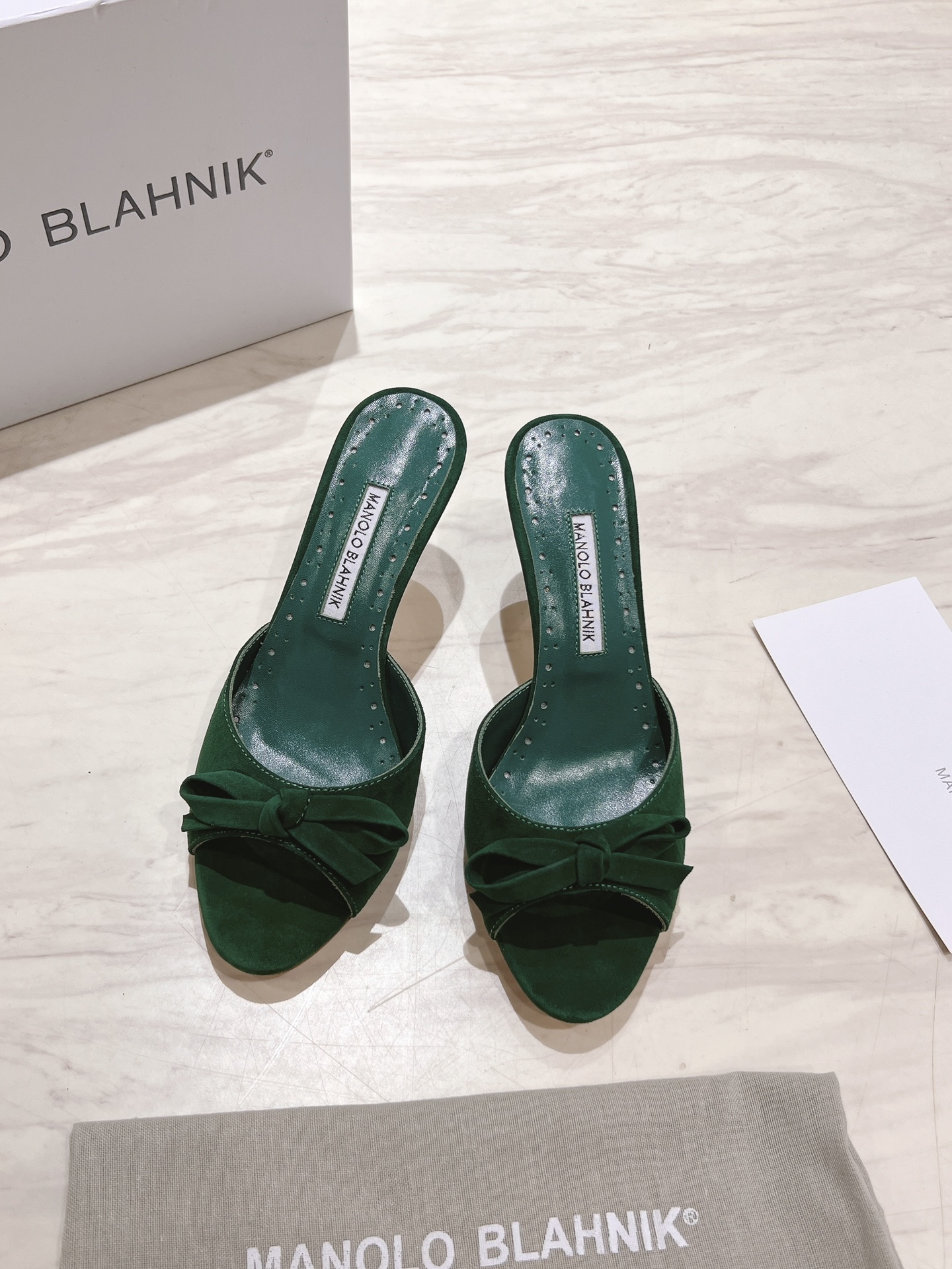 Manolo Blahnik Green Suede Mules with Bow Detail, Heel Height 7.5cm 10 i1713170762 1048 0