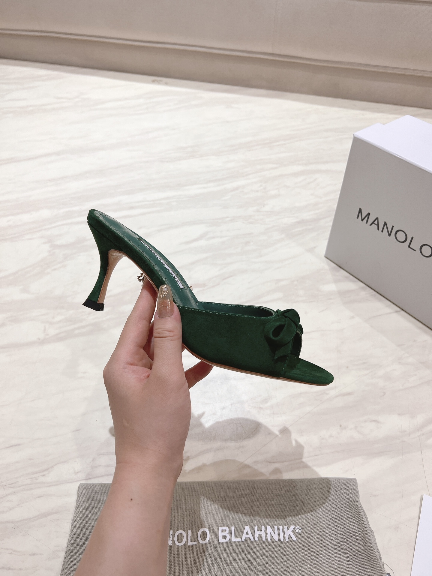 Manolo Blahnik Green Suede Mules with Bow Detail, Heel Height 7.5cm 7 i1713170762 3428 0