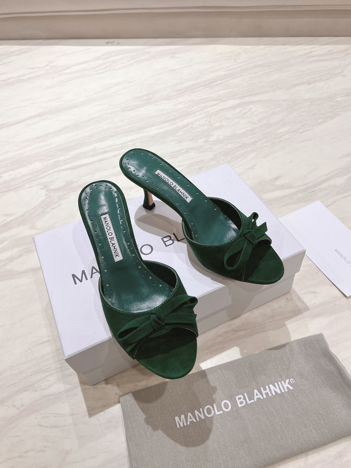 Manolo Blahnik Green Suede Mules with Bow Detail, Heel Height 7.5cm 1 Manolo Blahnik Green Suede Mules with Bow Detail, Heel Height 7.5cm