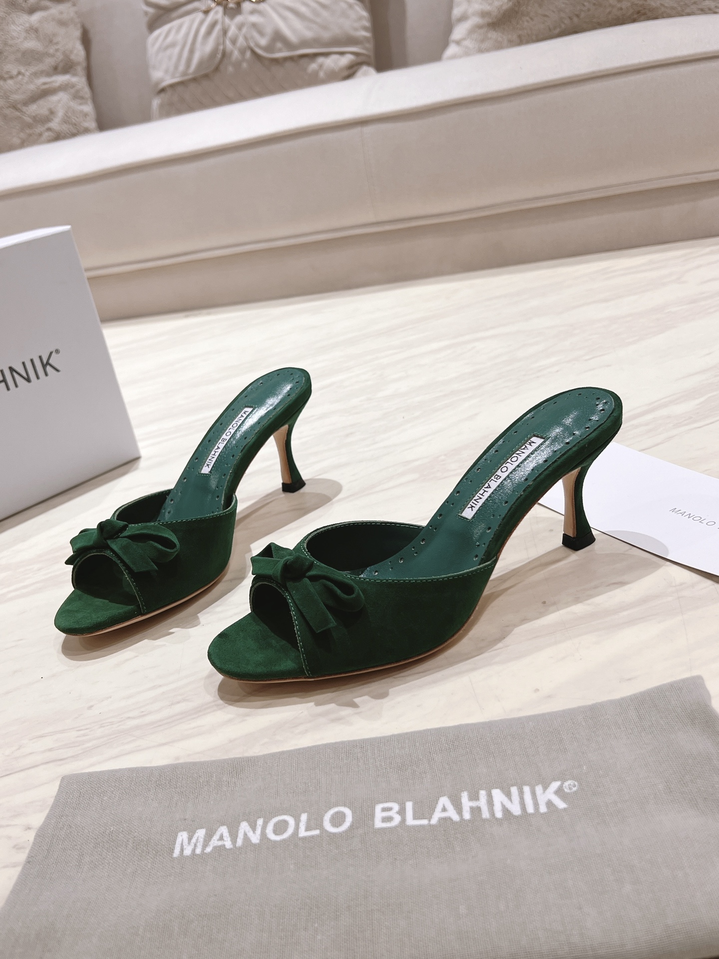 Manolo Blahnik Green Suede Mules with Bow Detail, Heel Height 7.5cm 4 i1713170762 8862 0