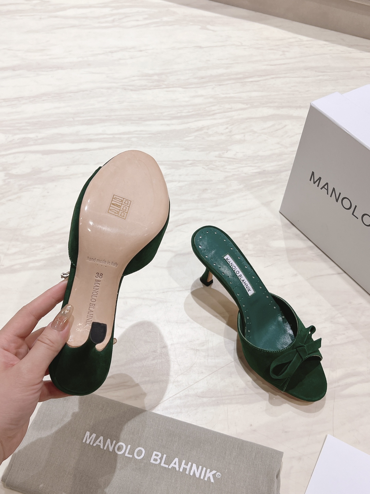 Manolo Blahnik Green Suede Mules with Bow Detail, Heel Height 7.5cm 5 i1713170762 8966 0