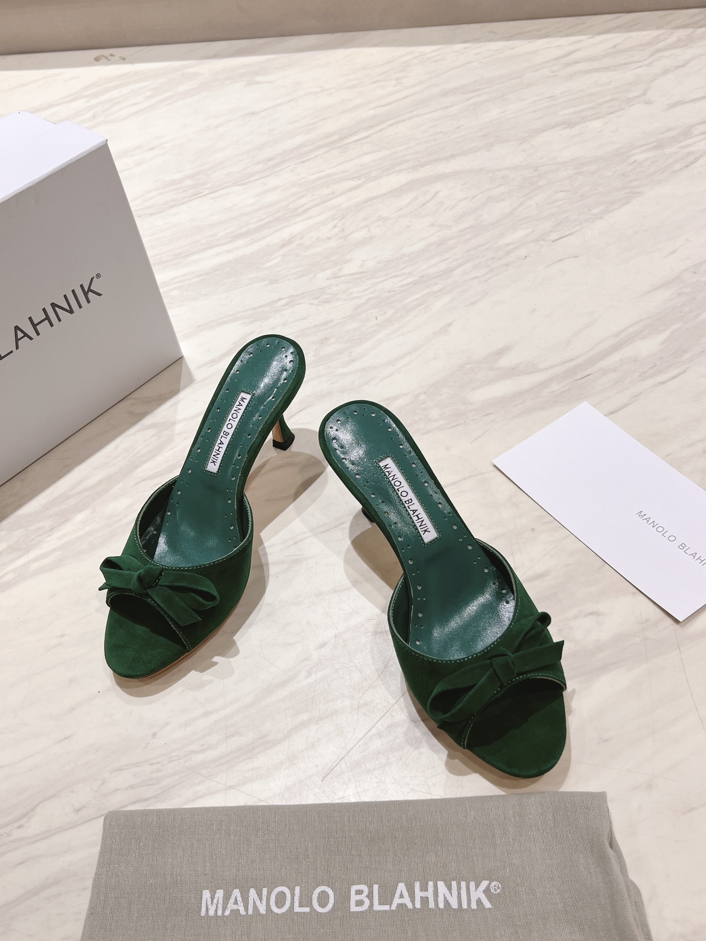Manolo Blahnik Green Suede Mules with Bow Detail, Heel Height 7.5cm 11 i1713170763 2915 0