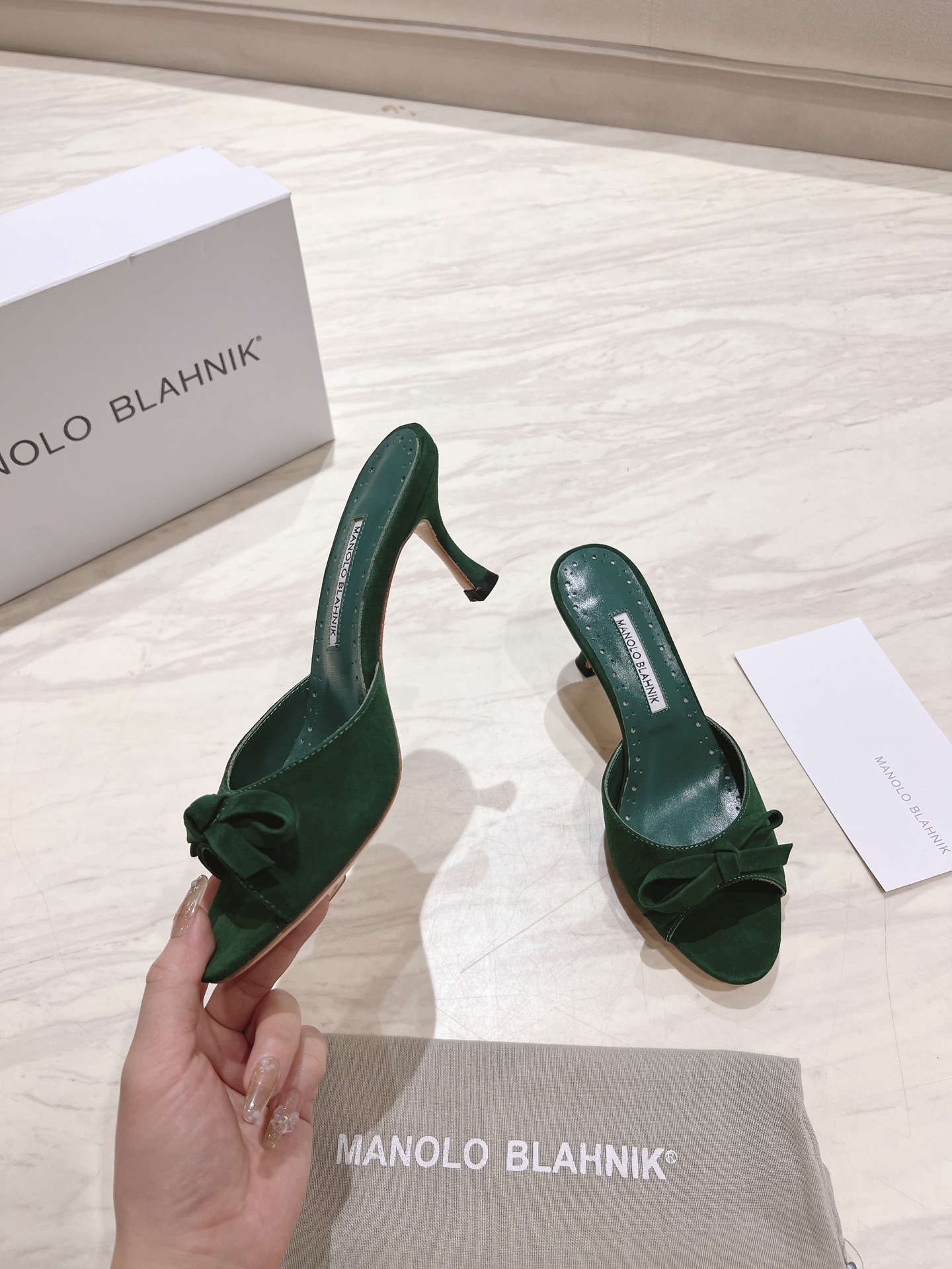 Manolo Blahnik Green Suede Mules with Bow Detail, Heel Height 7.5cm 3 i1713170764 1213 0