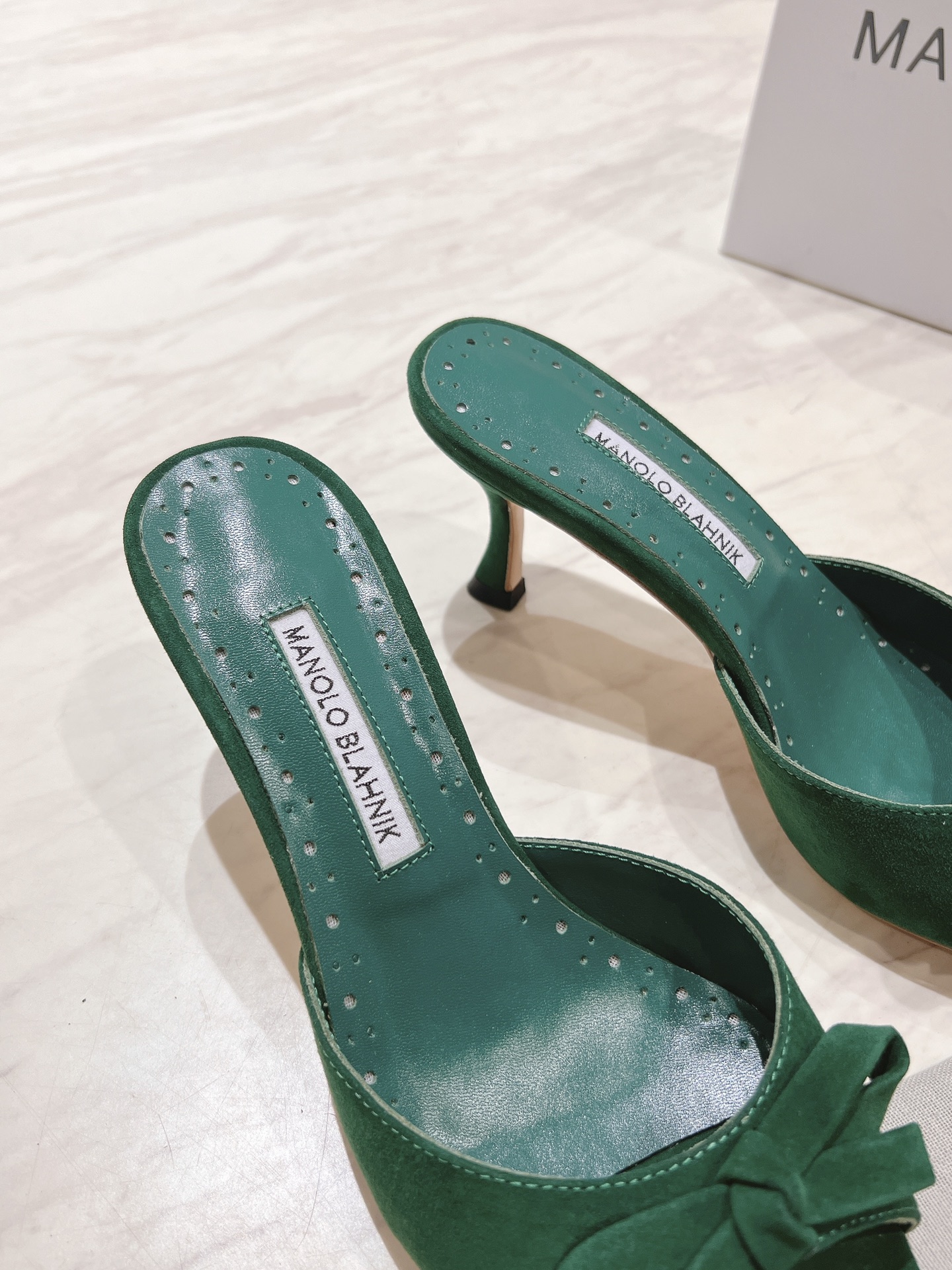 Manolo Blahnik Green Suede Mules with Bow Detail, Heel Height 7.5cm 8 i1713170764 1707 0