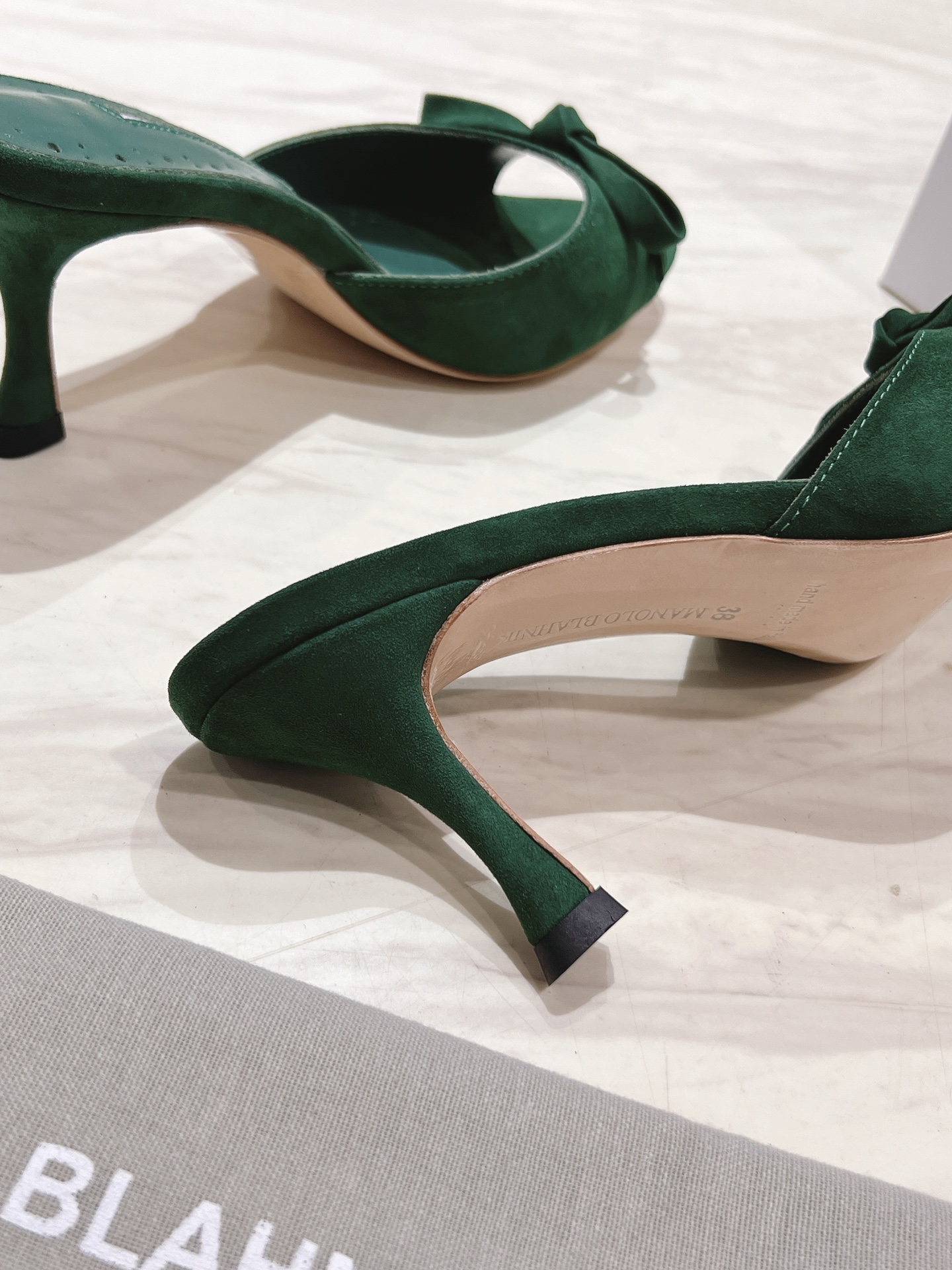 Manolo Blahnik Green Suede Mules with Bow Detail, Heel Height 7.5cm 9 i1713170764 297 0