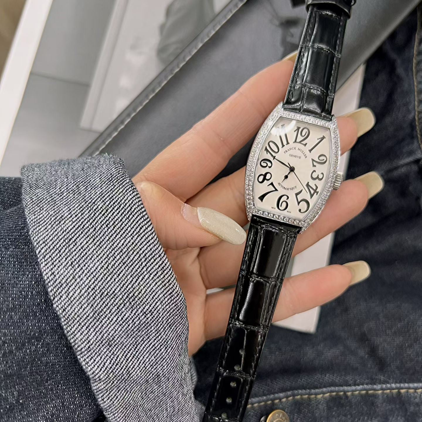 Franck Muller Cintree Curvex Silver diamond-set case, white dial, black leather strap 32mm Women's Automatic